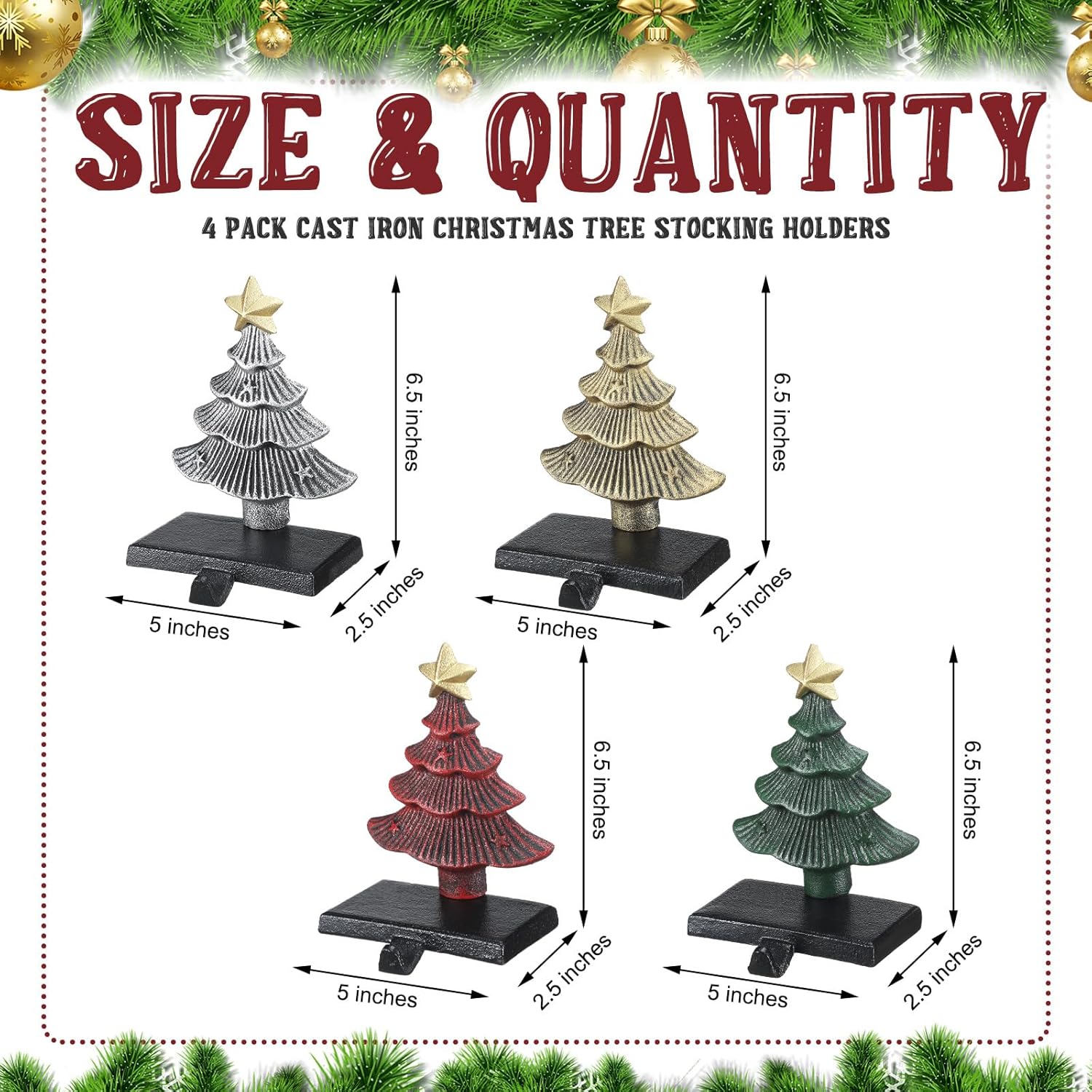 4 PCS Christmas Tree Stocking Holder - 6.5 inch Metal Fireplace Mantel Pine Tree Stocking Display Hanger Hooks for Xmas Winter Seasonal Home Decoration