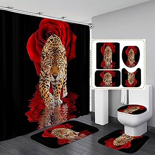 jieprom 4PCS Red Rose and Leopard Shower Curtain Set with Rugs, Toilet Lid Cover and Bath Mat, Animal Shower Curtain with 12 Hooks, Complete Bathroom Decor Set