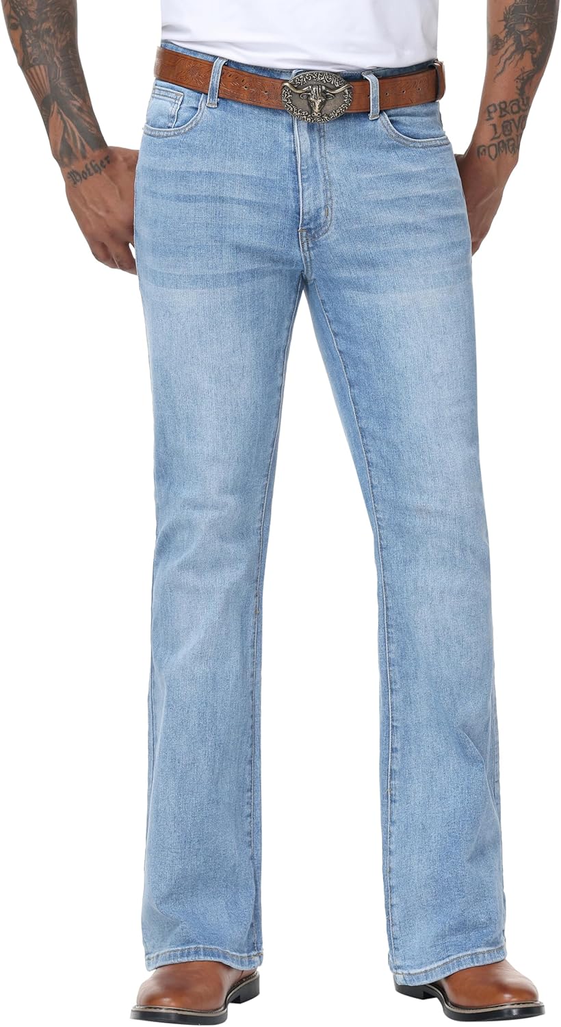 Men's Flared Jeans Slim Fit Bell Bottom Denim Pants - Cowboy Western Stretch Disco Style Vintage 70s Fashion Trousers