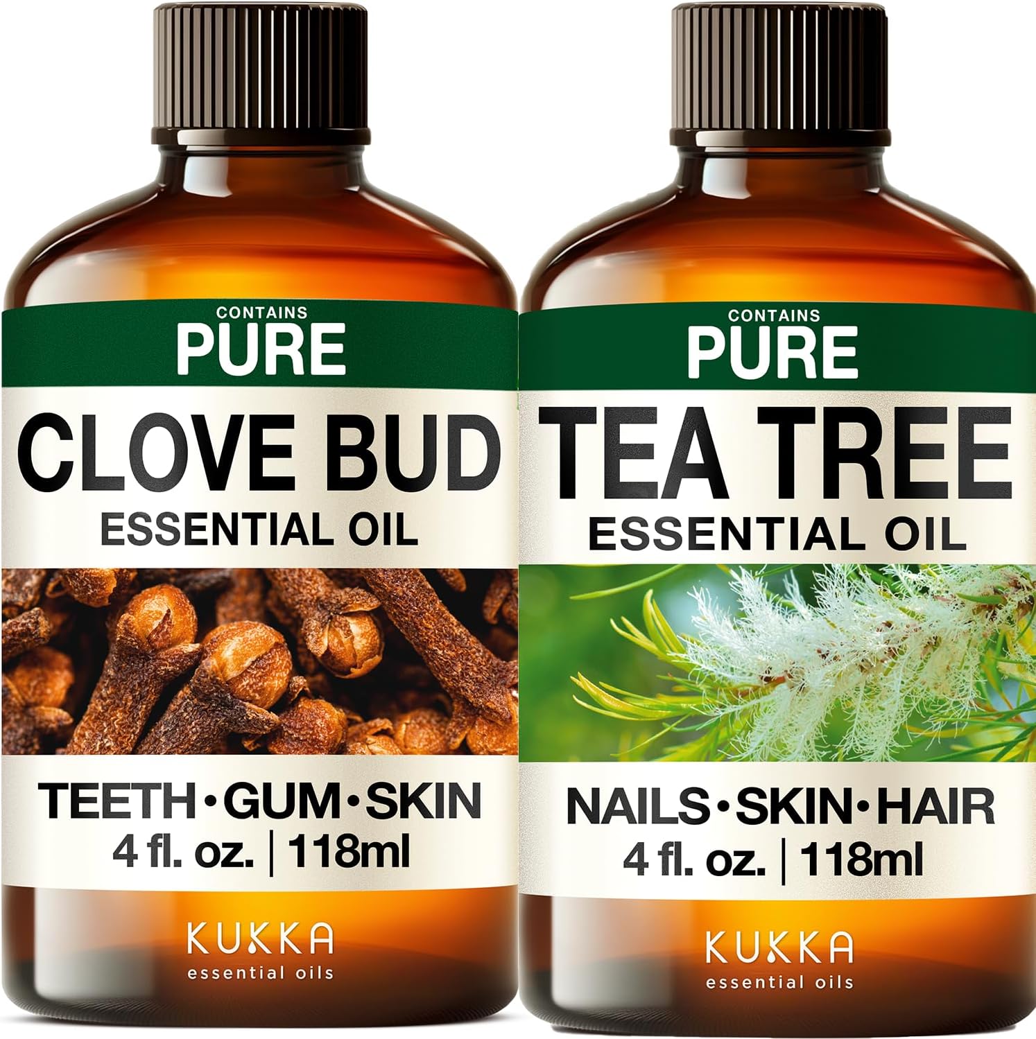 Clove Oil for Oral Care & Tea Tree Oil for Skin Set - Aromatherapy Grade Essential Oils Set - 2x4 fl oz - Kukka