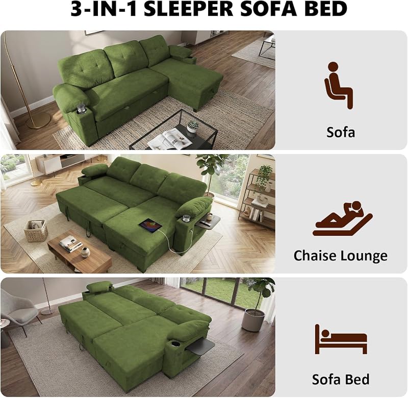 KCGKCG 93" L Shaped Sleeper Sofa Bed, Pull Out Couch Bed with Storage Chaise/Reclining Backrest, Sectional Couches for Living Room with USB Port, Foldable Table, Cup Holder, Side Pocket, Green image 4