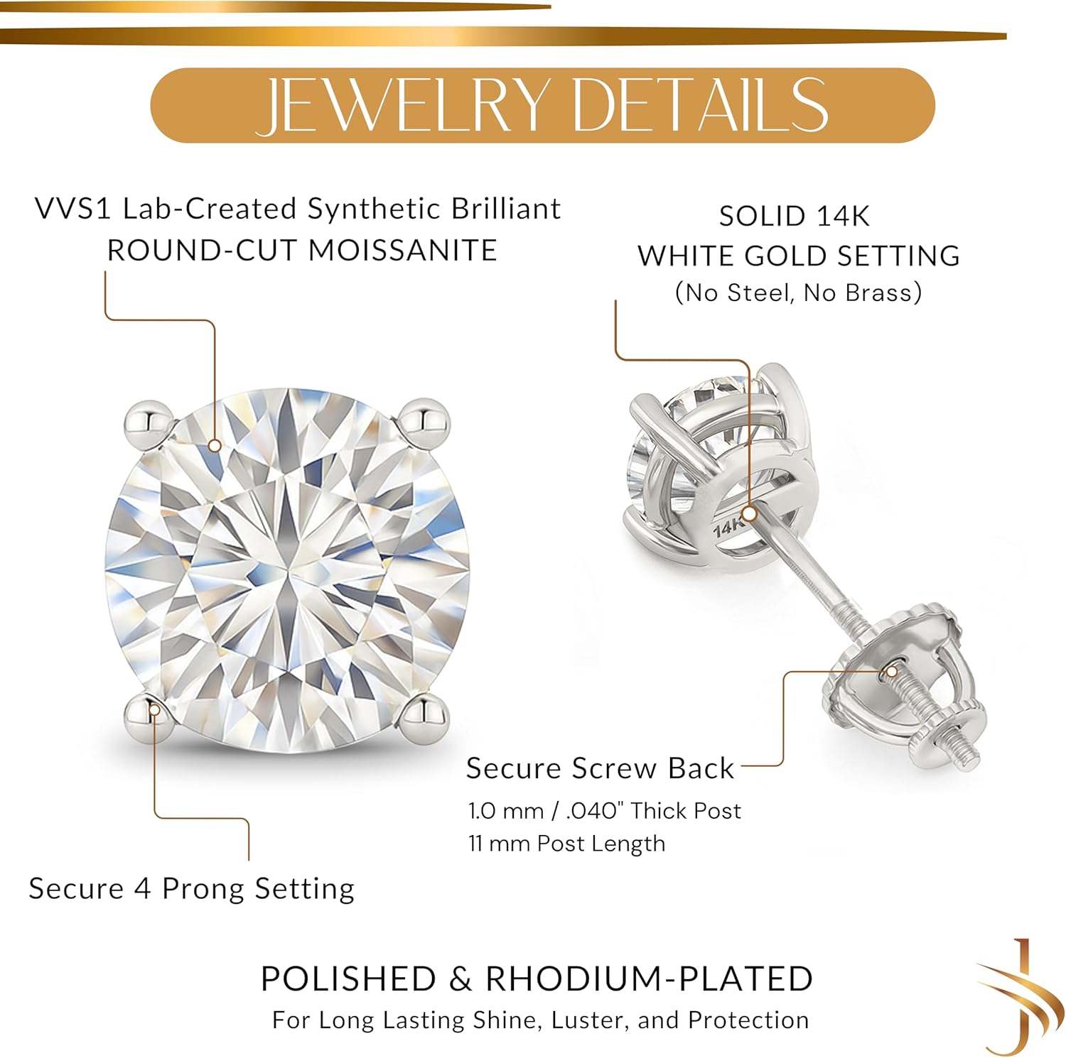 14K Solid White or Yellow Gold Lab Grown Moissanite Stud Earrings – Round, Oval, or Cushion Cut – Screw Back or Push Back – Luxury Fine Jewelry Gift for Women – by Jewelaura