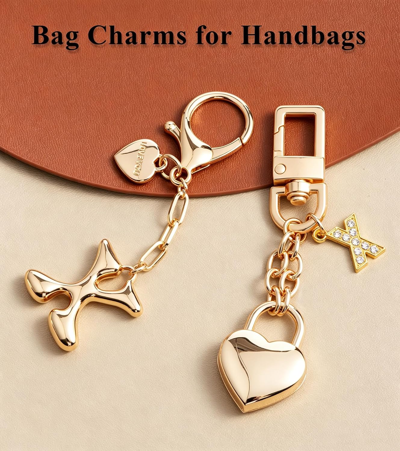 Initial Letter Keychain with Bubble Heart Charm, Gold Accessories for Handbags, Women's Purse Bag charms image 3