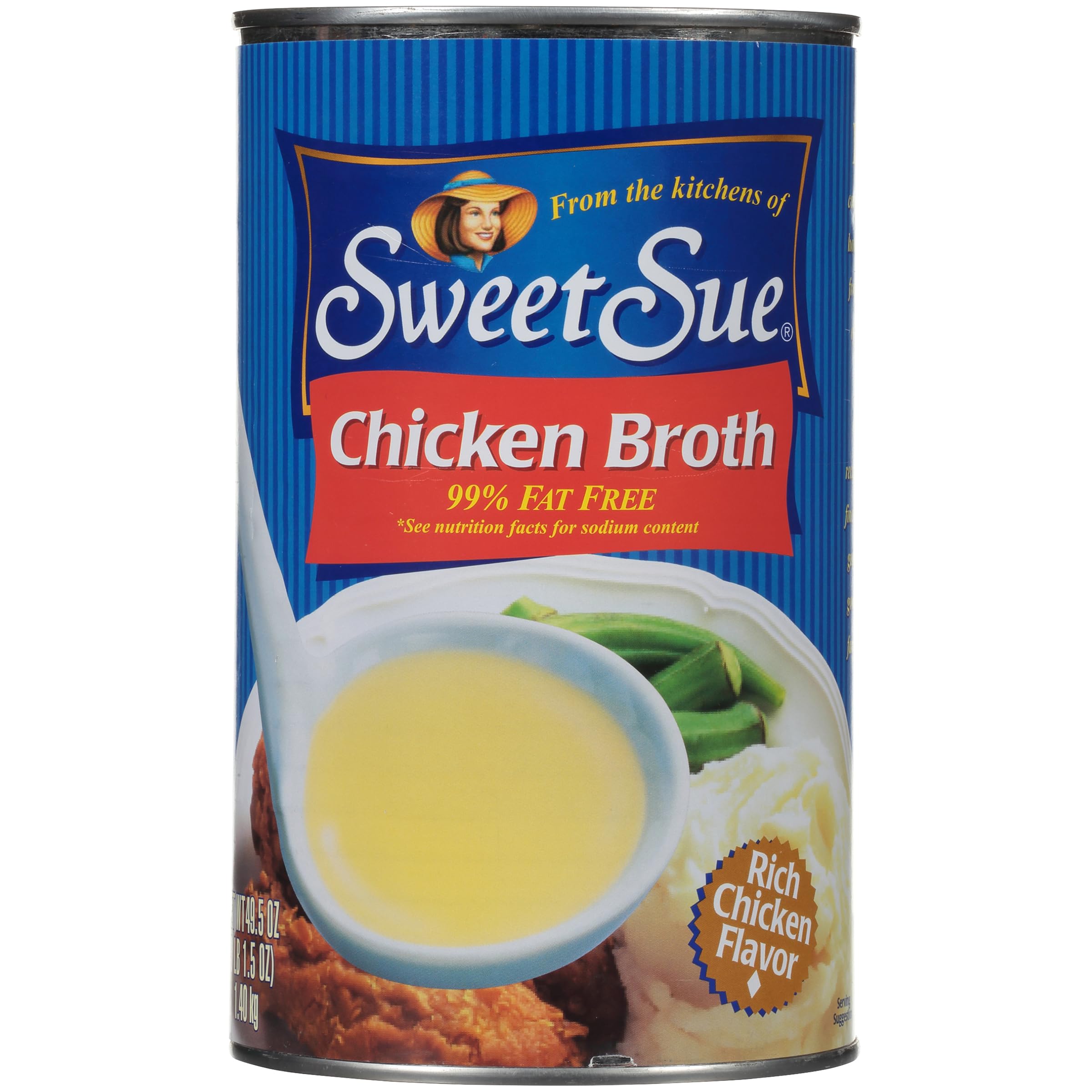 Sweet Sue Chicken Broth, 49.5 oz Club Pack Can, 99% Fat Free, Gluten Free, Keto Friendly (Pack of 1)