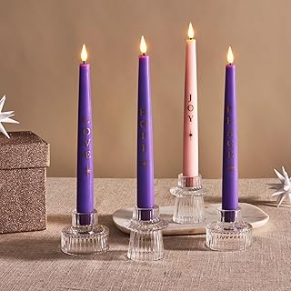 LampLust Flameless Advent Candles Set of 4 with Words, 9 Inch Purple & Pink Flameless Candles, Flameless Taper Candles for Advent Wreath, Batteries Included, Flickering Flameless Candles with Remote