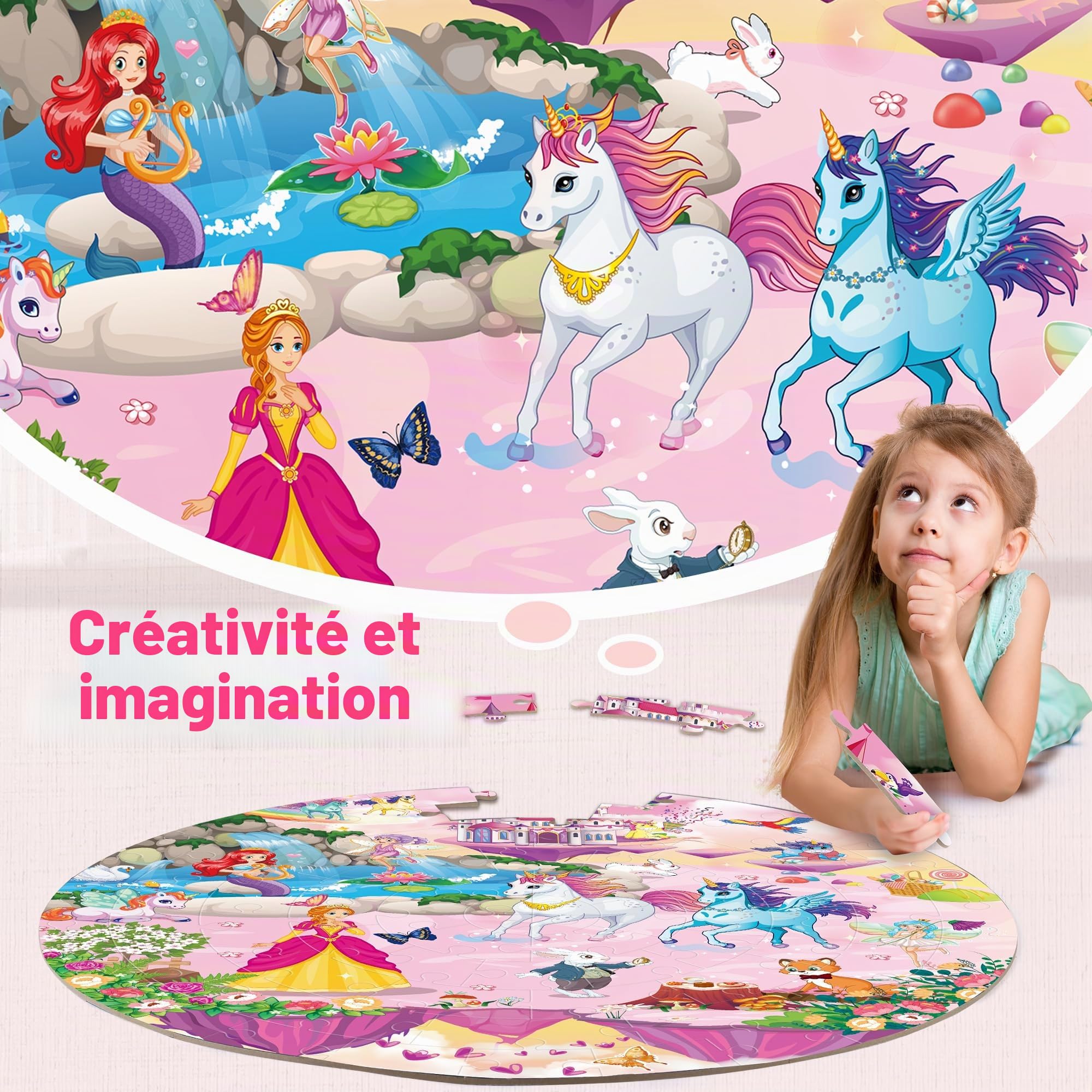 SYNARRY Puzzles de Sol Licorne Sirène Princesse Enfant pour 3 4 5 6 7 8 Ans, Grand Puzzle Filles 70 Pièces Puzzles, Jouet Educatif Préscolaire, Jouets Cadeaux pour Enfants de 3 à 8 Ans Filles Garçons