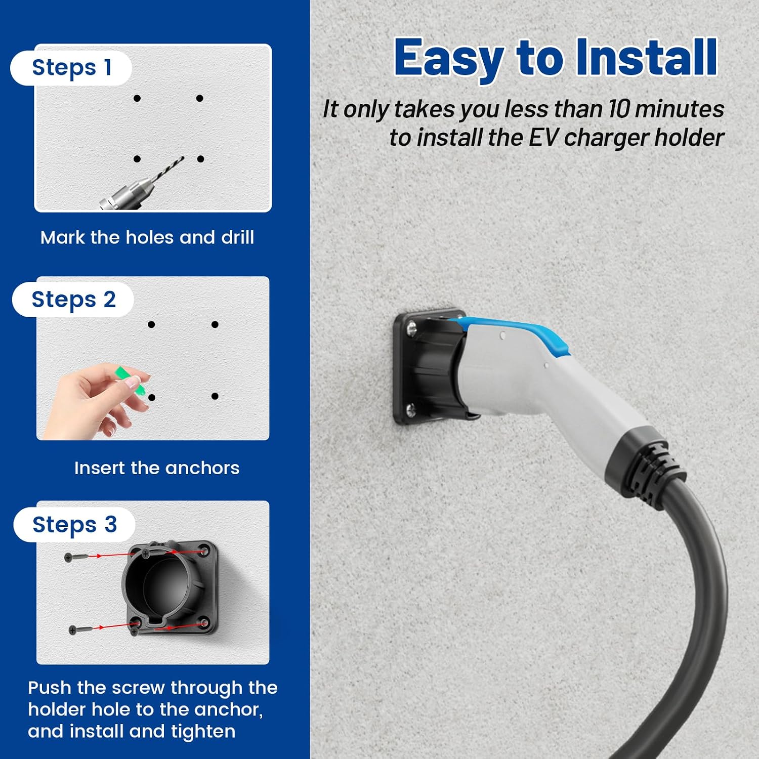 Anina EV Charger Holder SAE J1772 Nozzle Holster Dock for Electric Vehicle Charging Connector Wall Mount Car Cable Hanger with Matching Screws