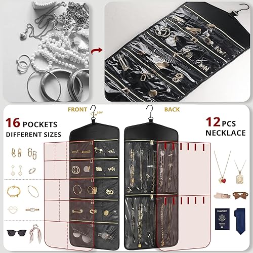 Miniatura 4 de CHICECO Organizador de joyas colgante con bolsillos grandes con cremallera, soporte de doble cara para collares, aretes, joyas para armario, puerta,