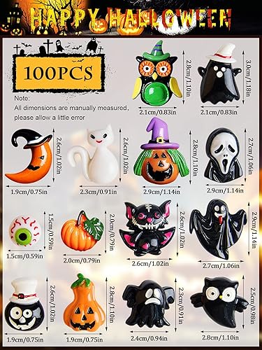 Miniatura 6 de 100 dijes de slime de Halloween, de resina, de Halloween, con parte trasera plana, adornos de limo Kawaii para Halloween, calabaza, fantasma, búho
