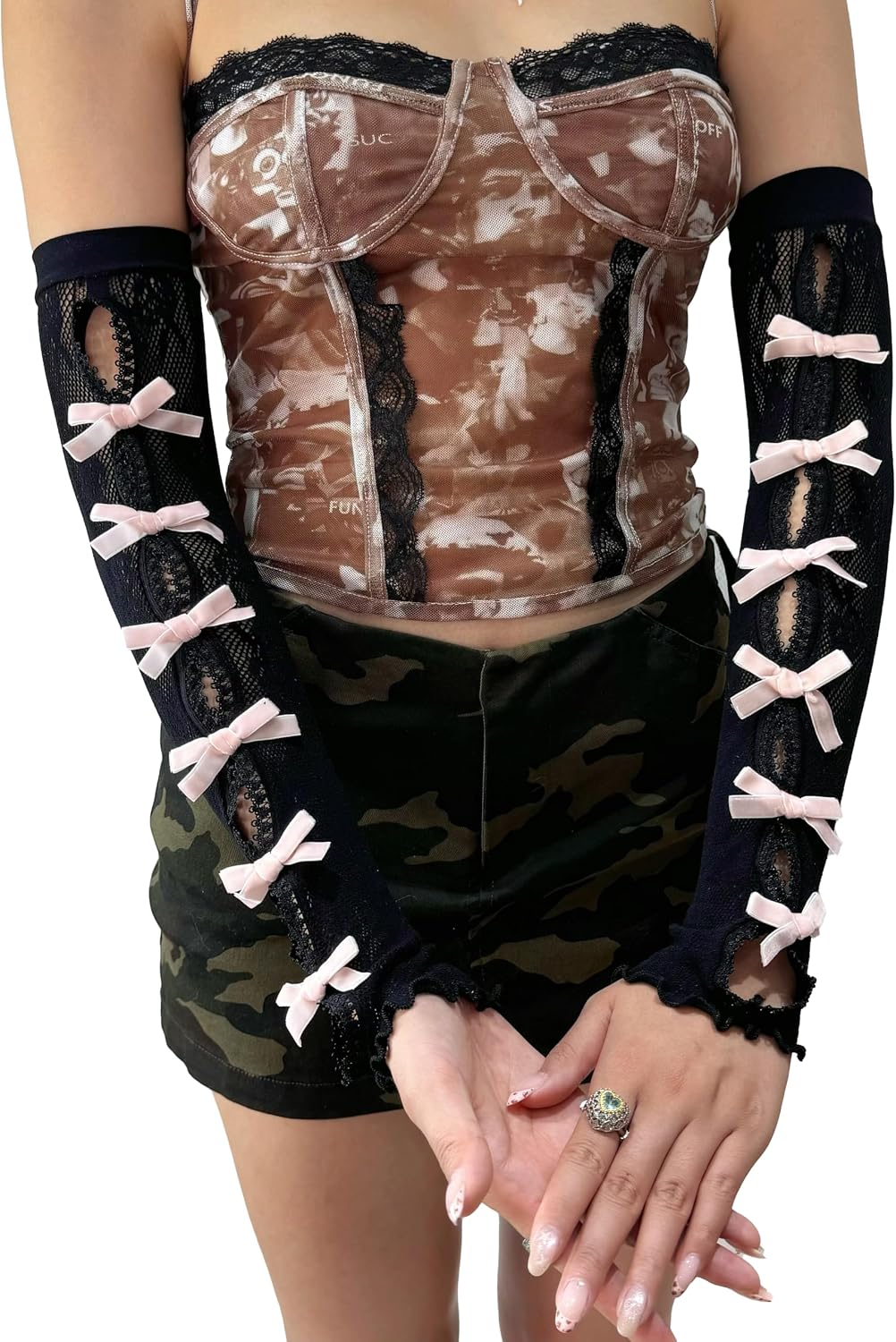 Womens Gothic Arm Sleeves Mesh Lace Fingerless Gloves, Y2K Bowtie Arm Warmers Grunge Goth Accessories