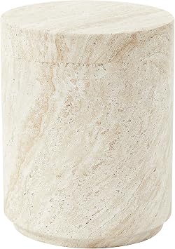 LeisureMod 14 Wide Round Side Table in Fiberstone with Travertine/Painted Finish Tapered Base Indoor and Outdoor Use for Modern Home, Living Room, Patio, Backyard Ramble Collection in Travertine
