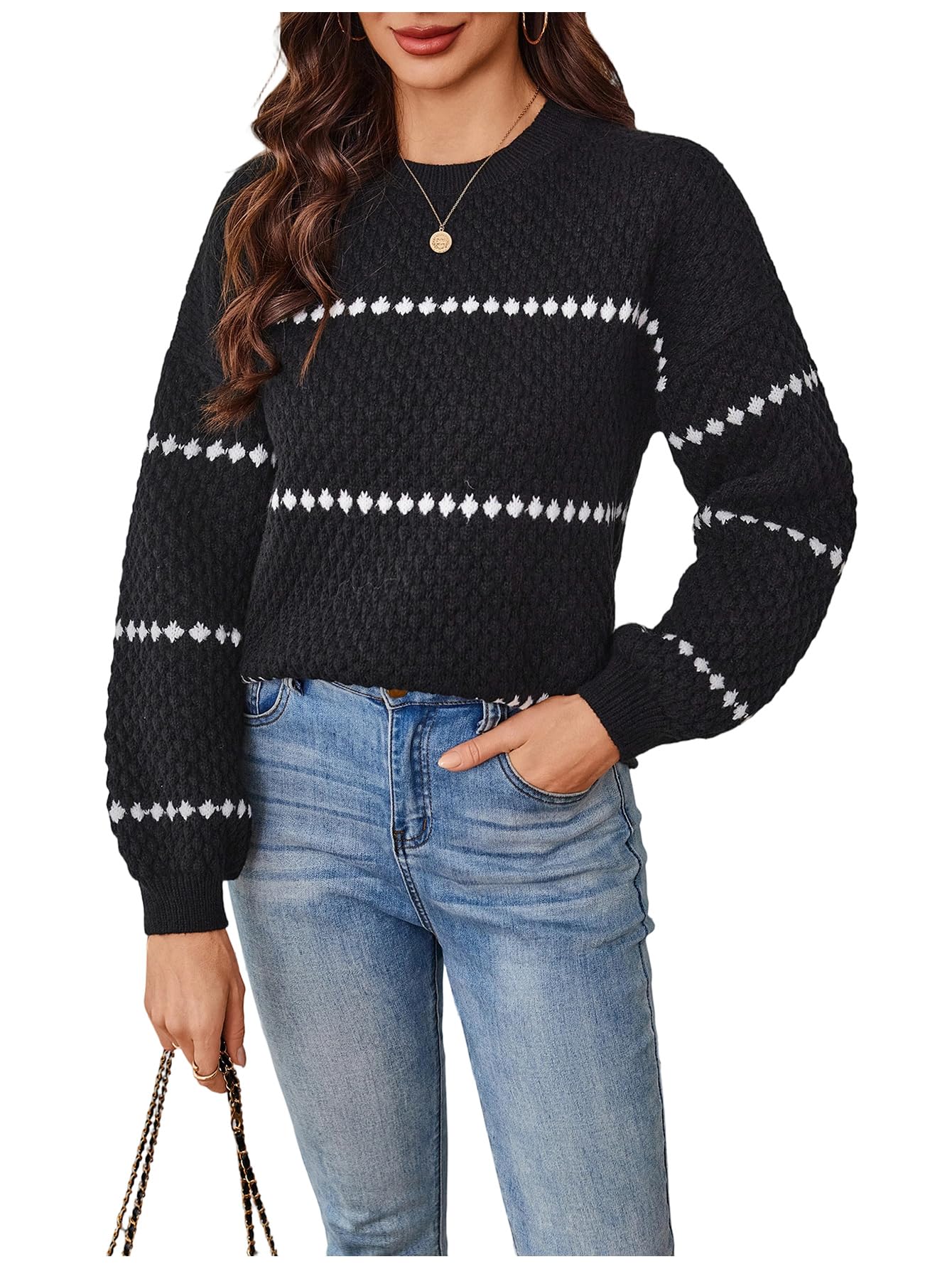 SHENHE Womens Mock Neck Sweater Diamond Pattern Long Sleeve Drop Shoulder Sweaters Pullovers Knit Tops