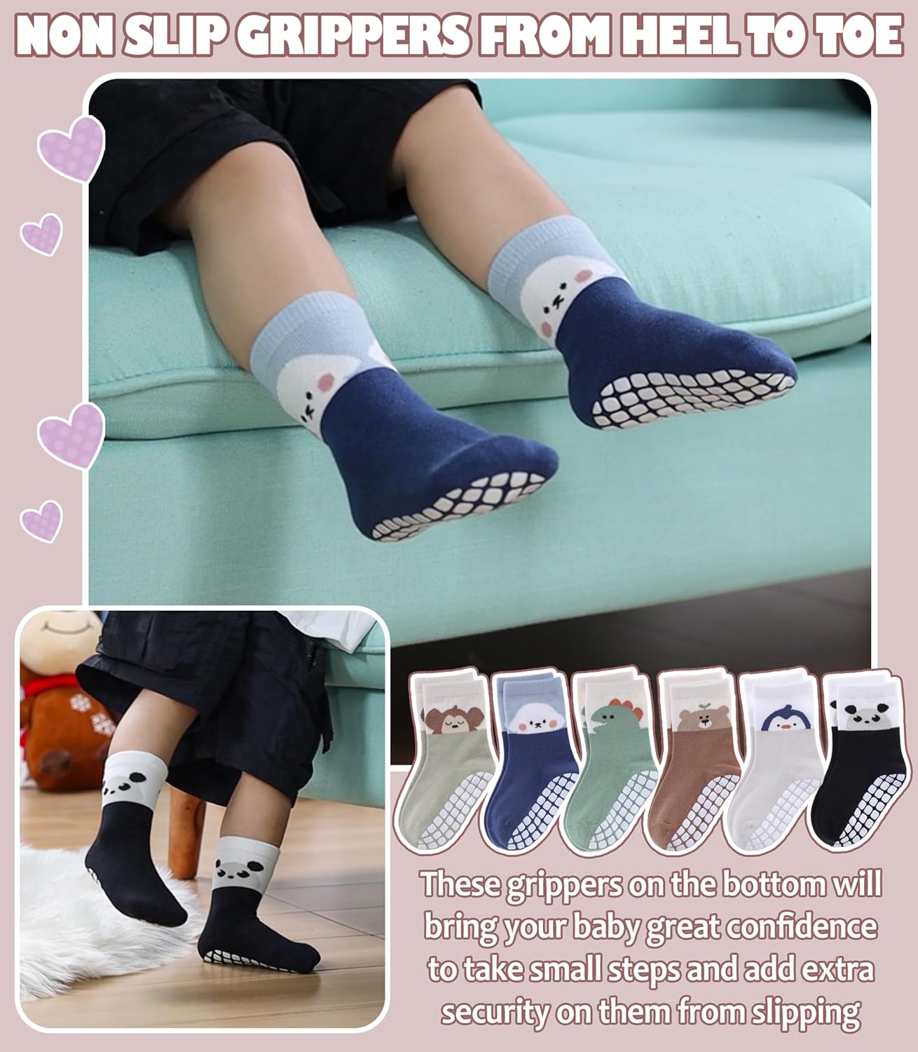Baby Toddlers Non Slip Socks with Grippers Cotton Crew Gift Grips Socks for Kids Boys Girls 6 Pairs - Image 3
