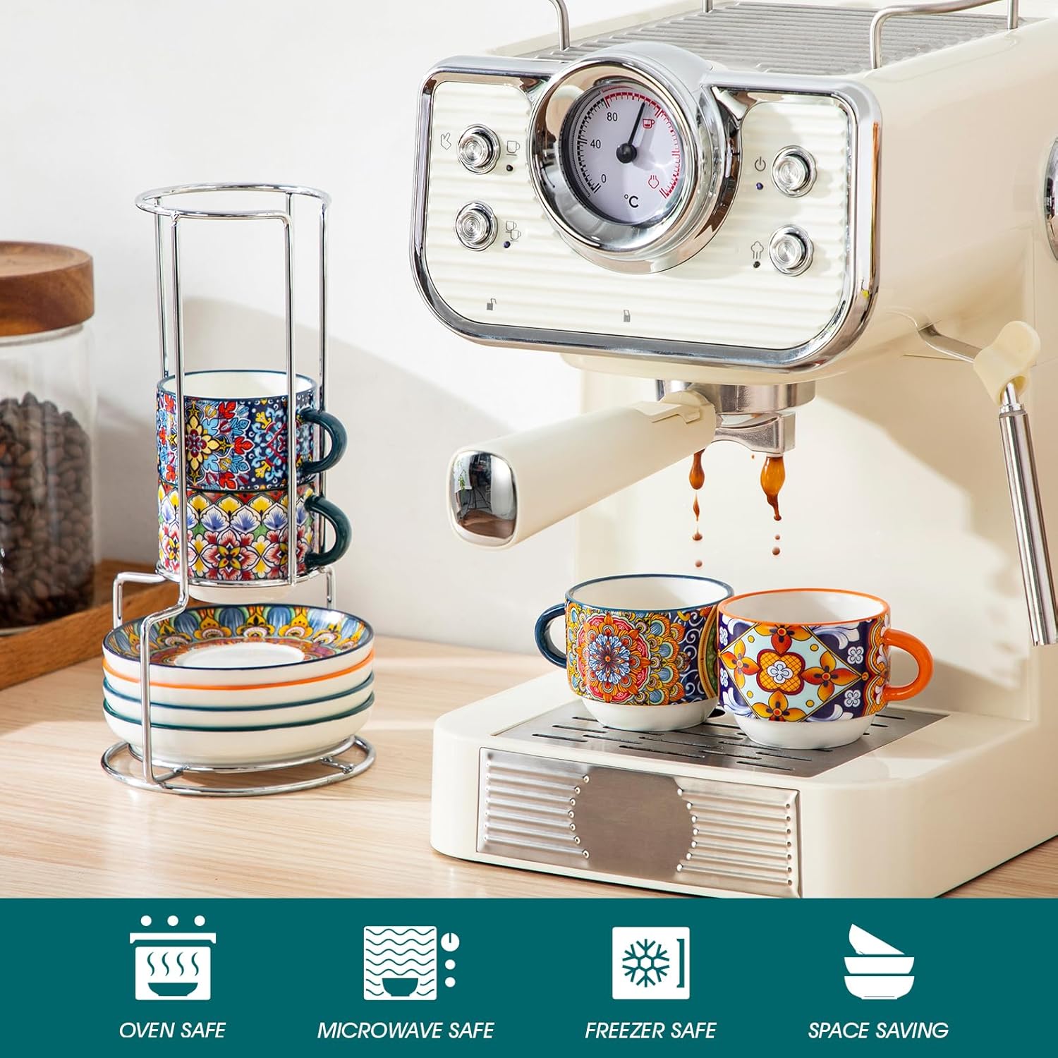 vancasso 2.5 Oz Stackable Espresso Cups with Saucers and Metal Stand Set of 4,Bohemian Ceramic Cappuccino Cups - Microwave and Dishwasher Safe, Perfect For Tea, Espresso, Latte, Cafe-01 - Image 4