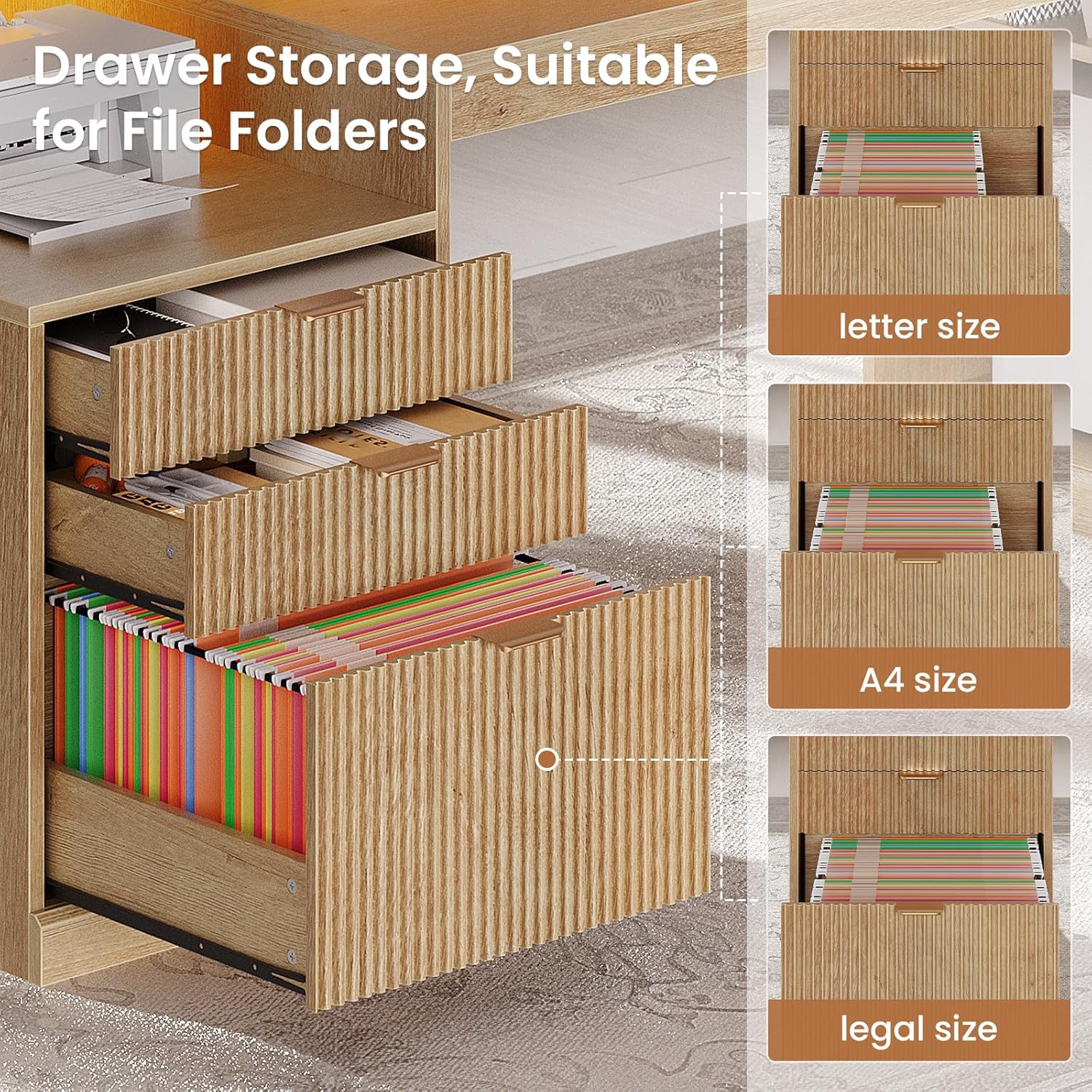 64" L Shaped Computer Desk with File Storage, Home Office Desk with LED Lights, Executive Desk with CPU & Printer Stand, Outlets for PC, Heightened Monitor Stand, Adjustable Shelf, Home Office