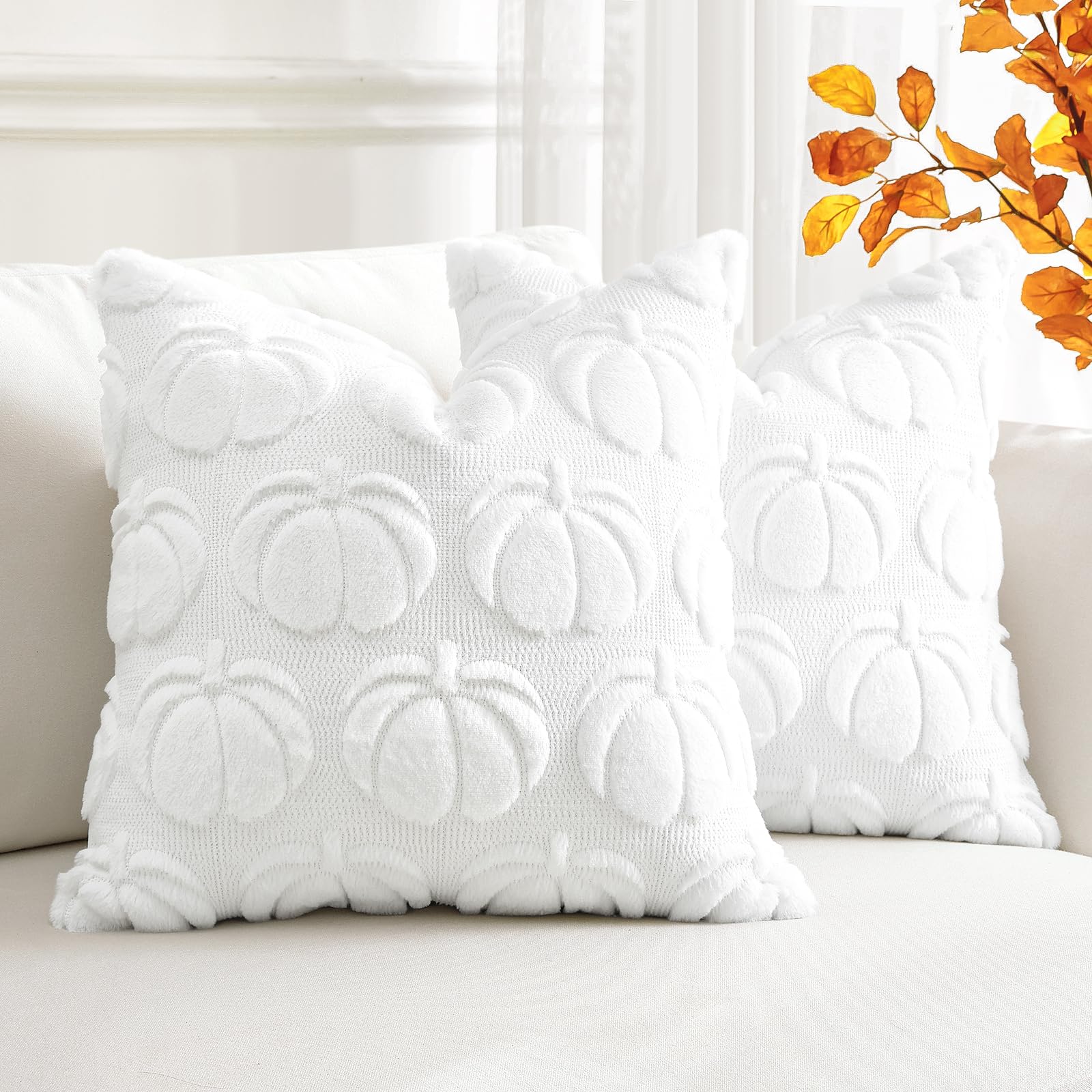 Artscope Fall Cushion Covers Set of 2 Autumn Pumpkin Throw Pillow Covers for Sofa Couch Bed Living Room Soft Plush Short Wool Velvet Farmhouse Pillowcases for Halloween 55x55cm White - Image 4