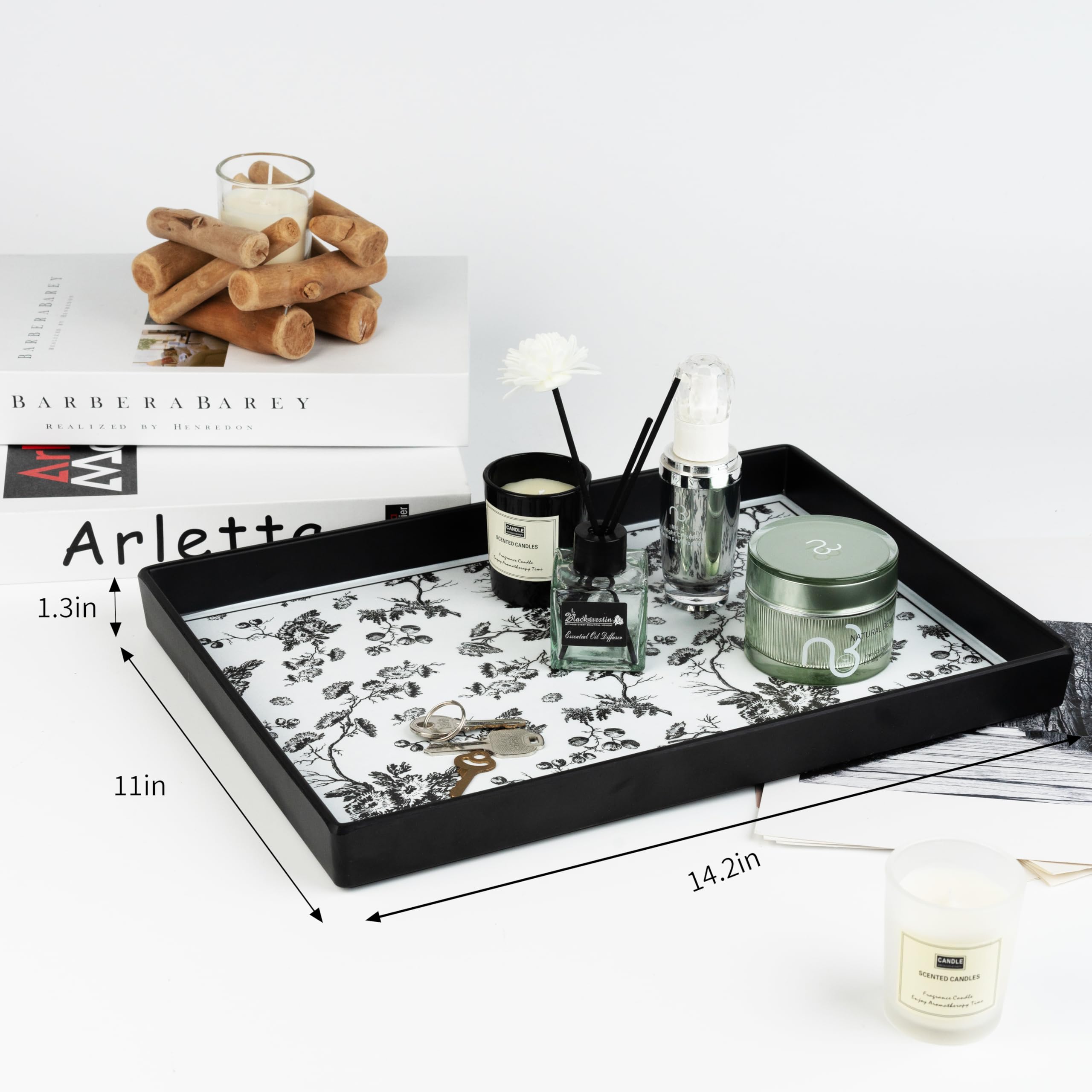 Oasis Choice Black 14'' Square Tray for Decorative Storage Organizer for Bathroom Toilet Tank Bedroom Kitchen Countertop Jewelry Storage Dresser Tray for Candle Lotion Bottle Cosmetics Floral Trays