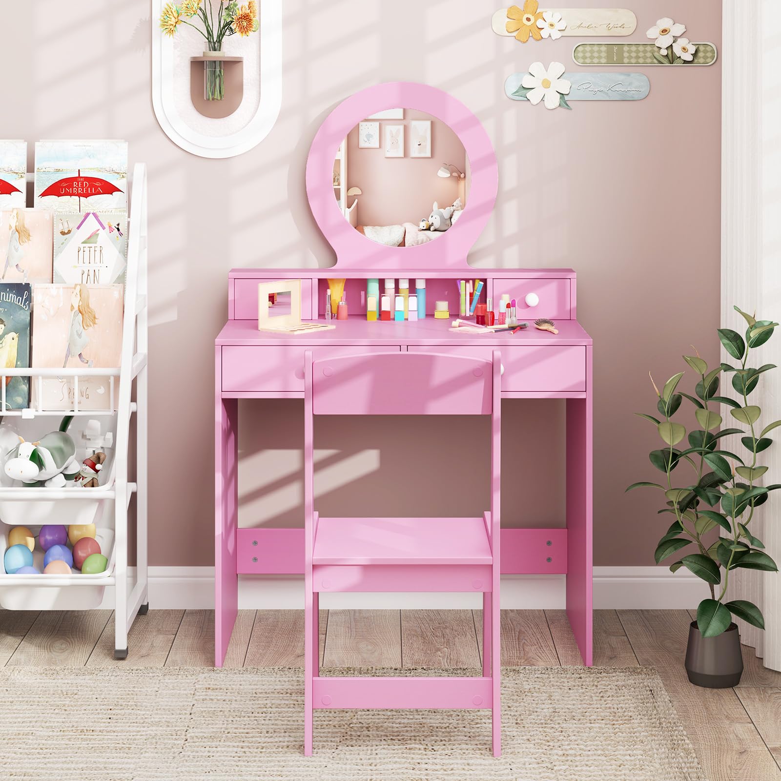 GLACER Kids Vanity, Girls Vanity Set with Mirror and Stool and Lights, 2 in 1 Princess Makeup Dressing Table Set with 4 Drawers, Open Storage Compartment, Pretend Play Vanity Table and Chair (Pink)