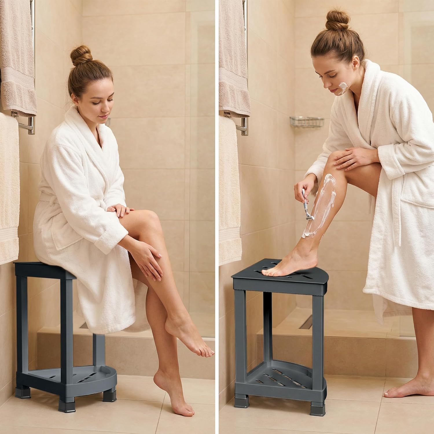 GallopFun Corner Shower Stool for Inside Shower, Waterproof Shower Bench for Shaving Legs, Plastic Anti-Fracture Shower Seat/Foot Rest with Baffle Storage Shelf, Rapid Assembly DIY Shelf (Gray)