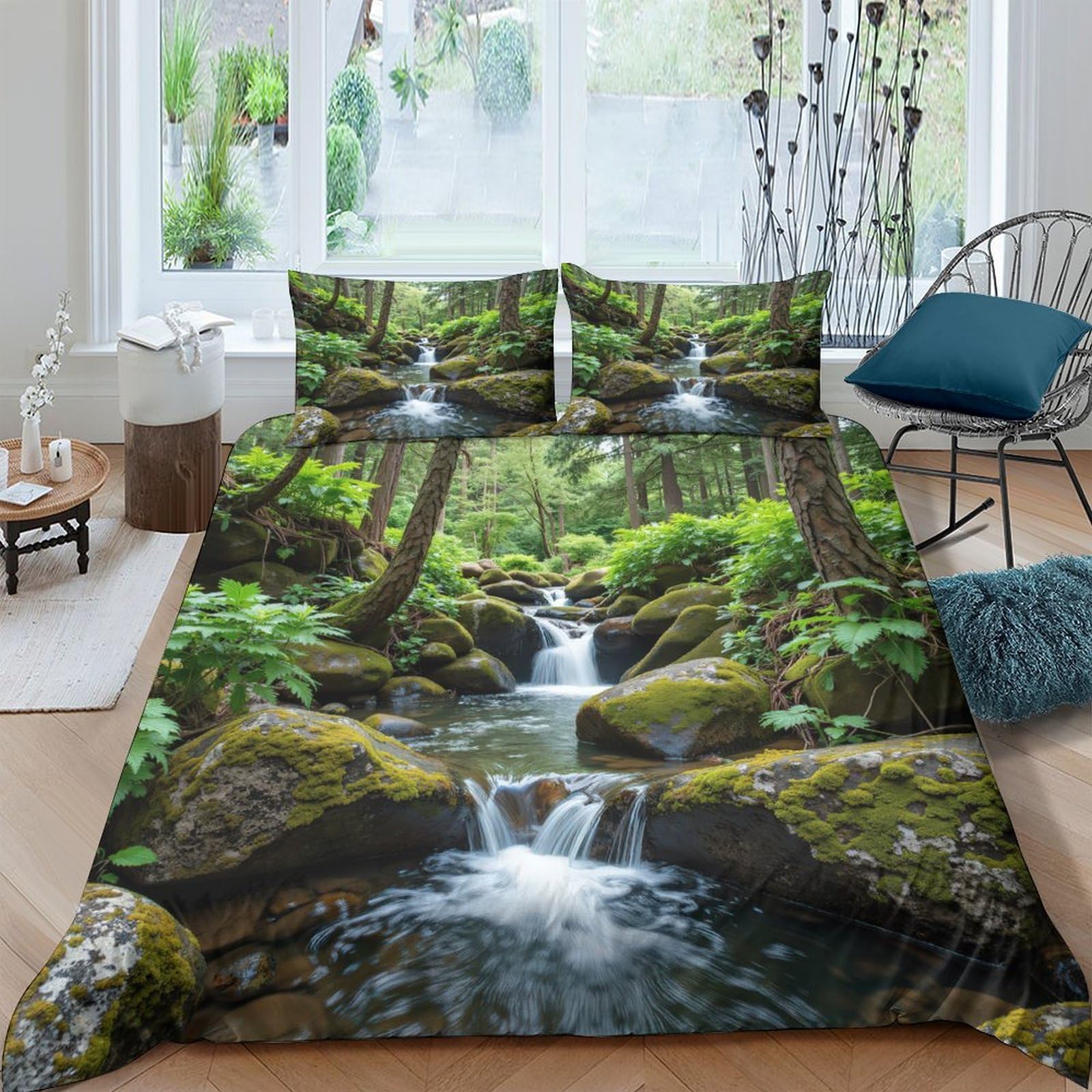 Ctjqhvkz Style-4 3D Printed Forest Waterfall Fitted Sheet Microfiber Soft Green Nature River Bed Cover For Bedroom Guest Room Decor Single（135X200cm）