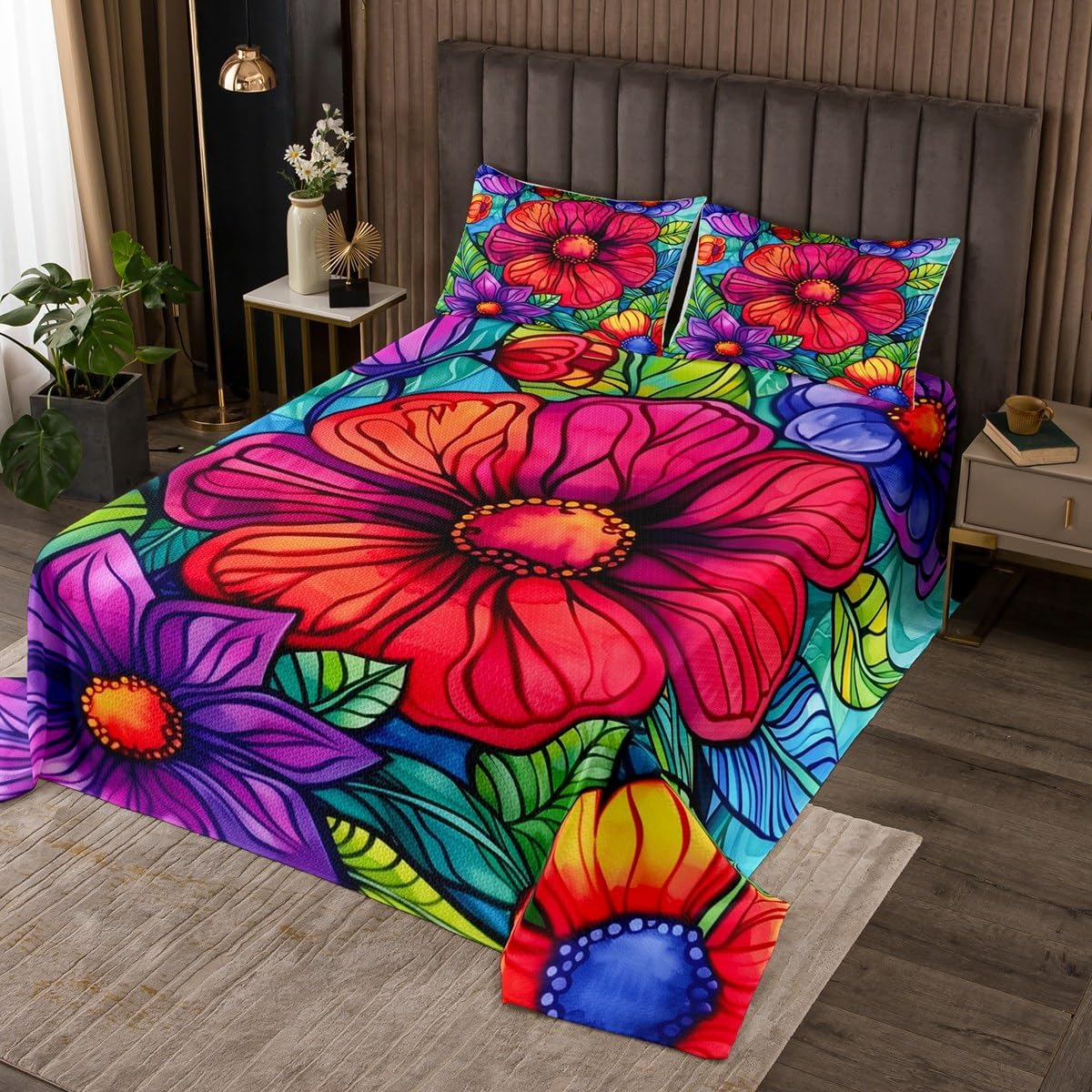 Vintage Flowers Kids Bedspread King Size,70s 80s Floral Hippie Psychedelic Coverlet Set,Girls Boys Room Decor,Palm Leaf Botanical Rustic Quilted Coverlet,Boho Exotic Bedding Quilt,2 Pillowcases