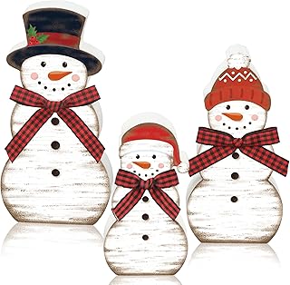 3 Pcs Christmas Snowman Wooden Table Decorations Winter Snowman Tabletop Centerpiece Wood Block Sign Rustic Farmhouse Xmas Tiered Tray Decor for Christmas Winter Holiday Home Office Shelf Party Decor