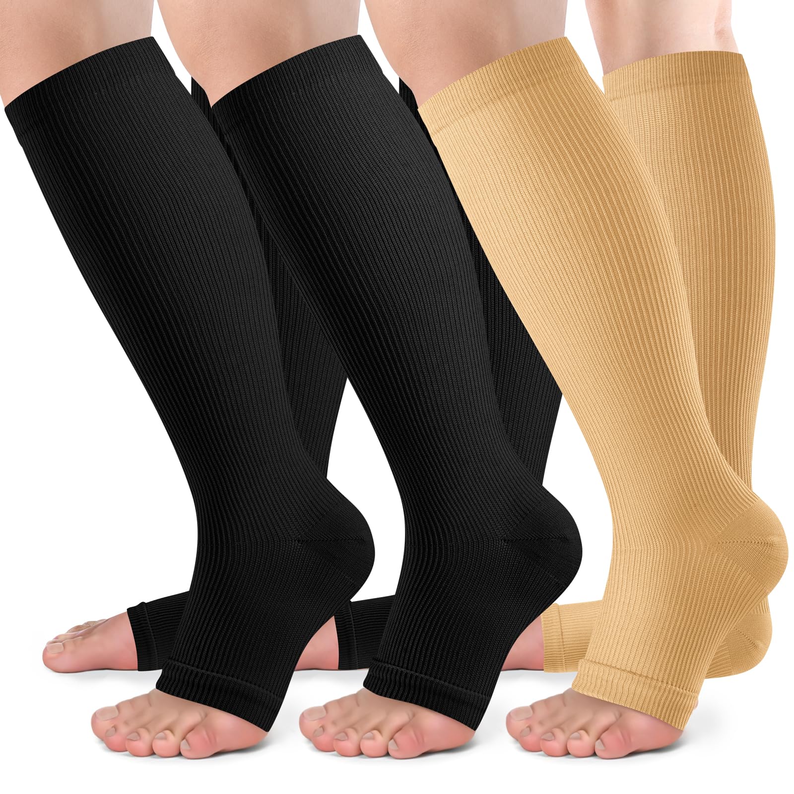 bropite Open Toe Compression Socks for Men &amp; Women - 3 Pairs of 15-20 mmhg Knee High Stockings for Circulation Support