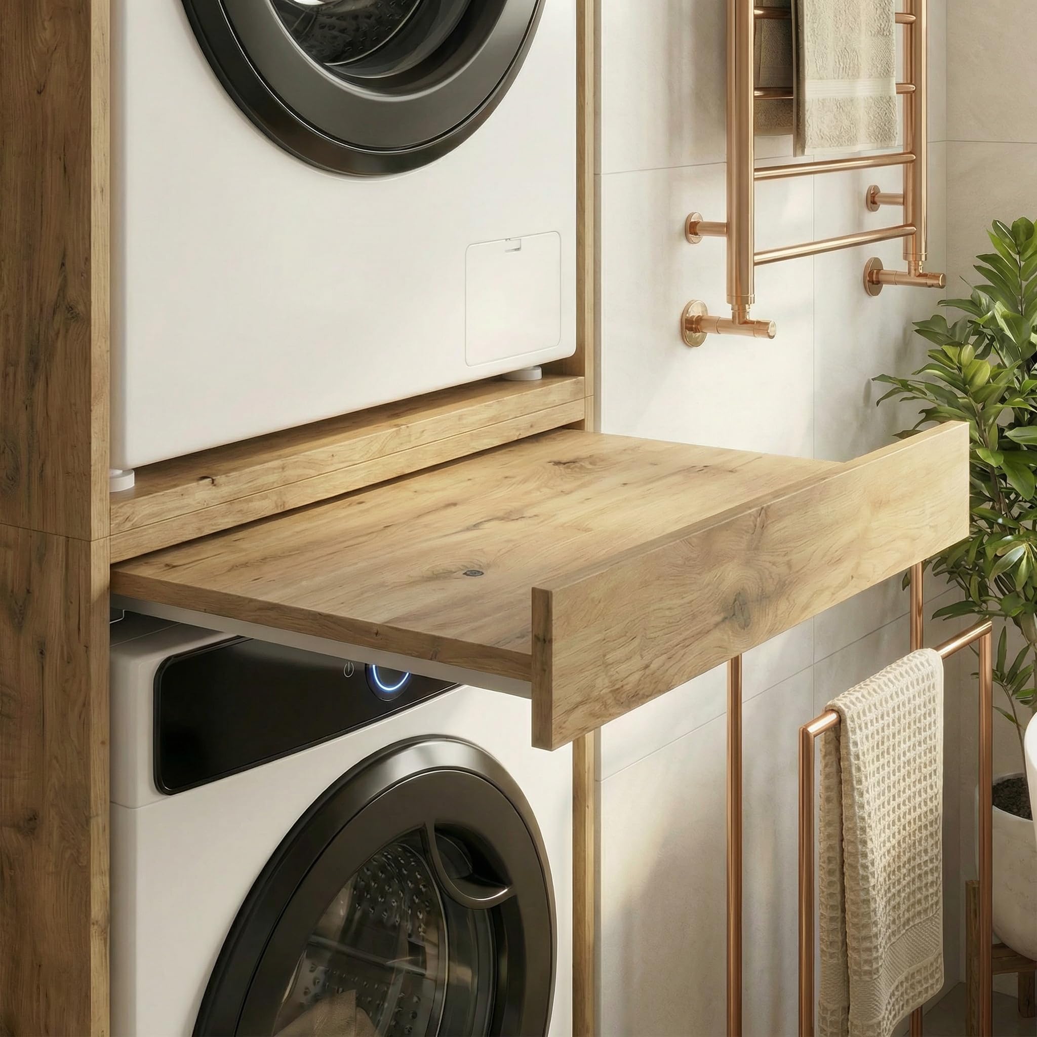 CraftPAK Waschmaschinenschrank für Waschmaschine & Trockner | Platzsparender Waschturm mit ausziehbarer Arbeitsfläche | Schrank für Badezimmer und Hauswirtschaftsraum mit Stauraum