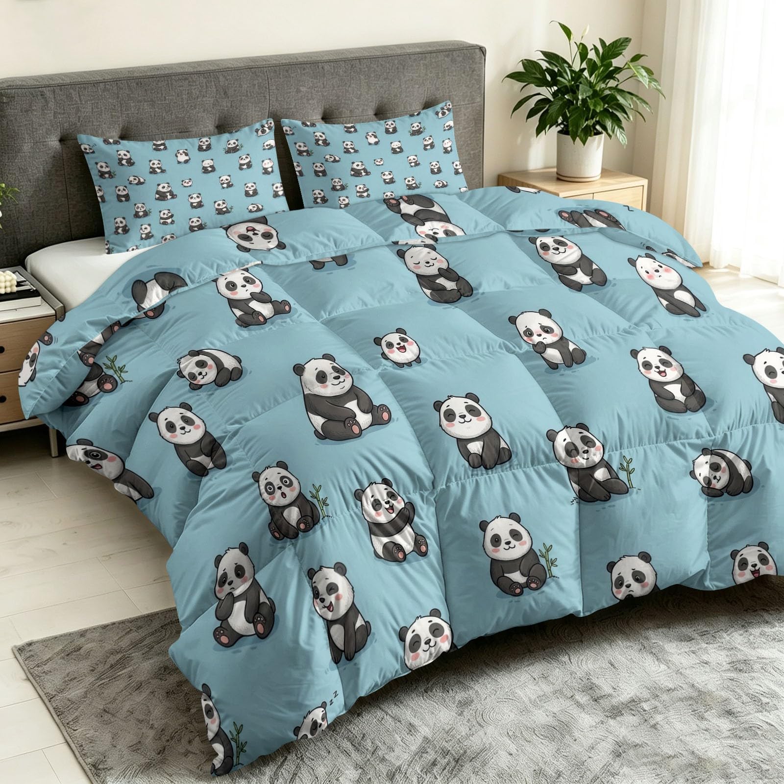 Bettdecke 155x220 cm 4 Jahreszeiten, Süßer Panda Warm Weiche Steppdecke mit 2 Kissenbezügen 80x80 cm, Blau Waschbare Cartoon Tiere Wende Ganzjahresdecke ohne Bezug für Kinderzimmer