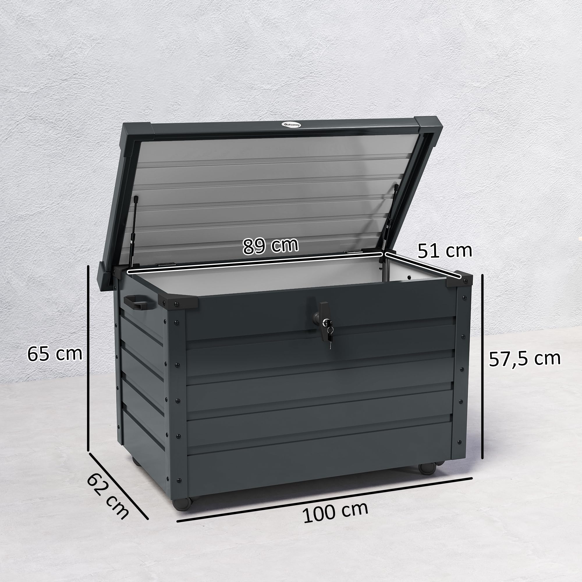 Outsunny Gartenbox Metall 295 Liter Wasserdicht 100 x 62cm Dunkelgrau | Abschließbar, Mit Griffen und Rollen, Auflagenbox, Gartentruhe, Outdoor Wetterfest, Für Balkon Garten, Kissenbox