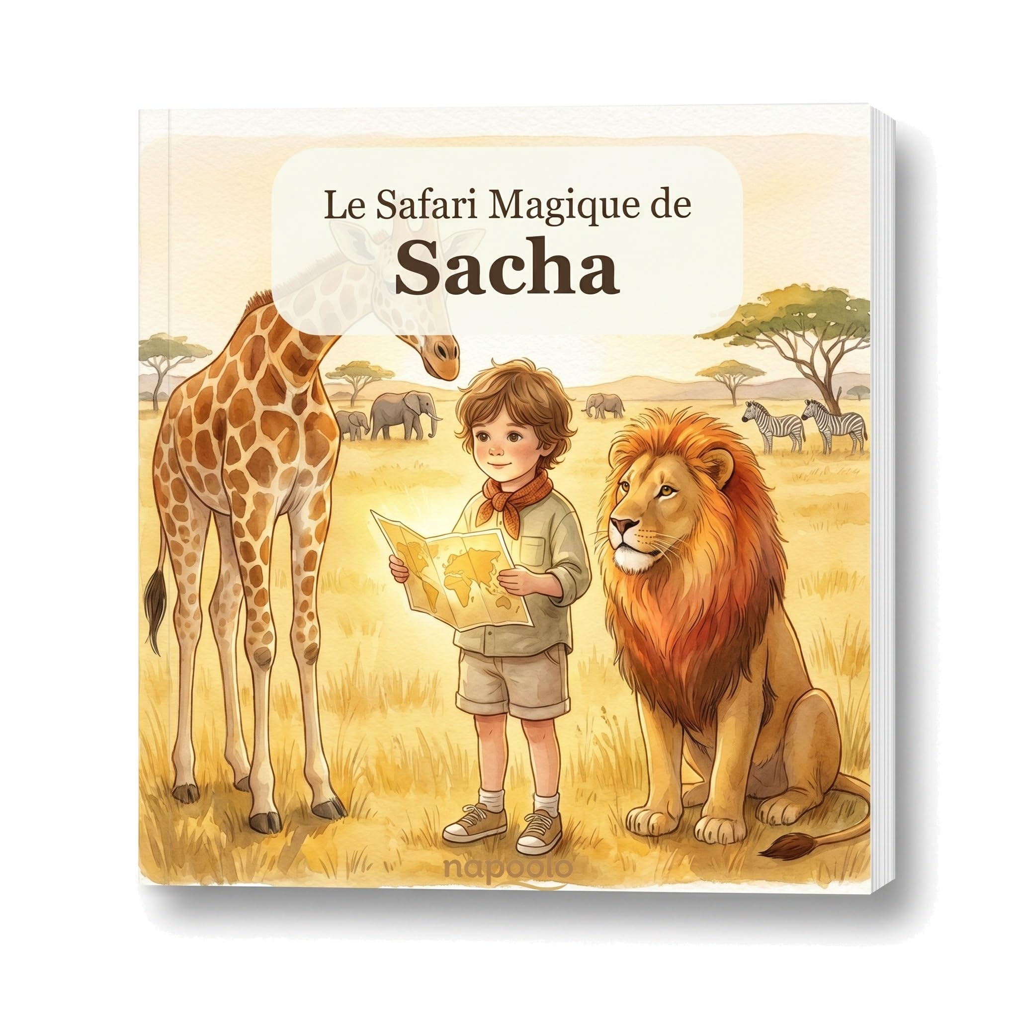 Livre personnalisé enfant safari photo et prénom - Idée cadeau | Aventure douce dans la savane, son animal préféré et sa dédicace, 32 pages aquarelle, carré 21,6 cm, dès 2 ans
