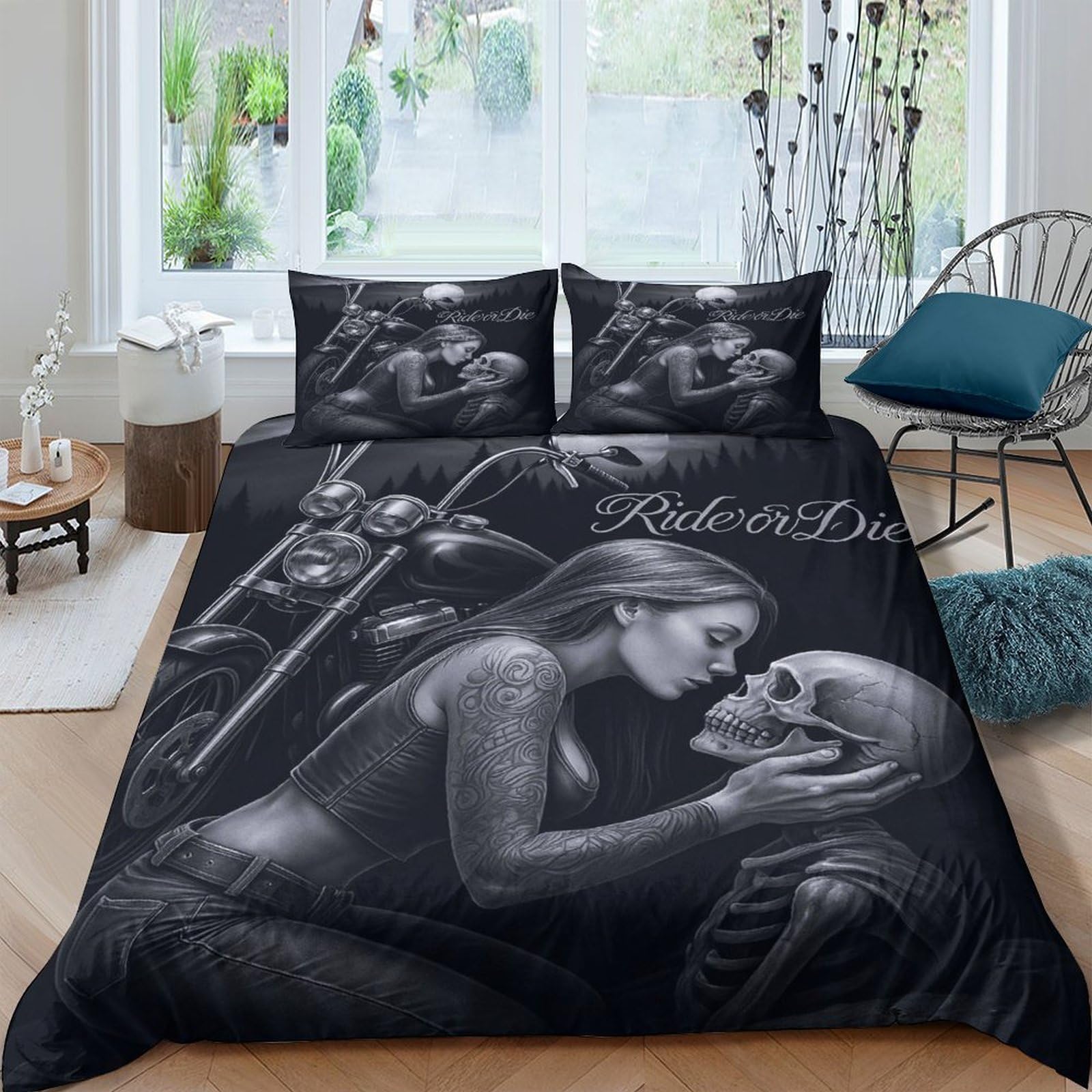 Ctjqhvkz Style-2 3D Printed Gothic Skull Fitted Sheet Microfiber Bedroom Decor Lovers Mattress Cover Black Art Single（135X200cm）
