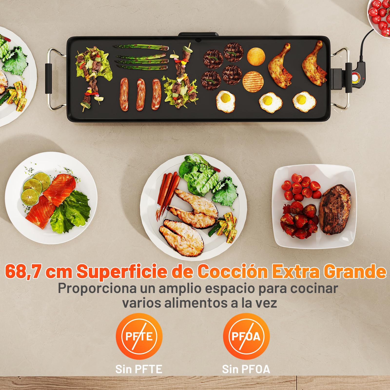 COSTWAY Plancha Electrica para Cocinar,XXL, 68,7x22,5cm, Grelhador Electrico 1800w, 4 Ajustes de Temperatura, Asas Aisladas y Bandeja de Goteo,Revestimiento Antiadherente, Parrilla Electrica