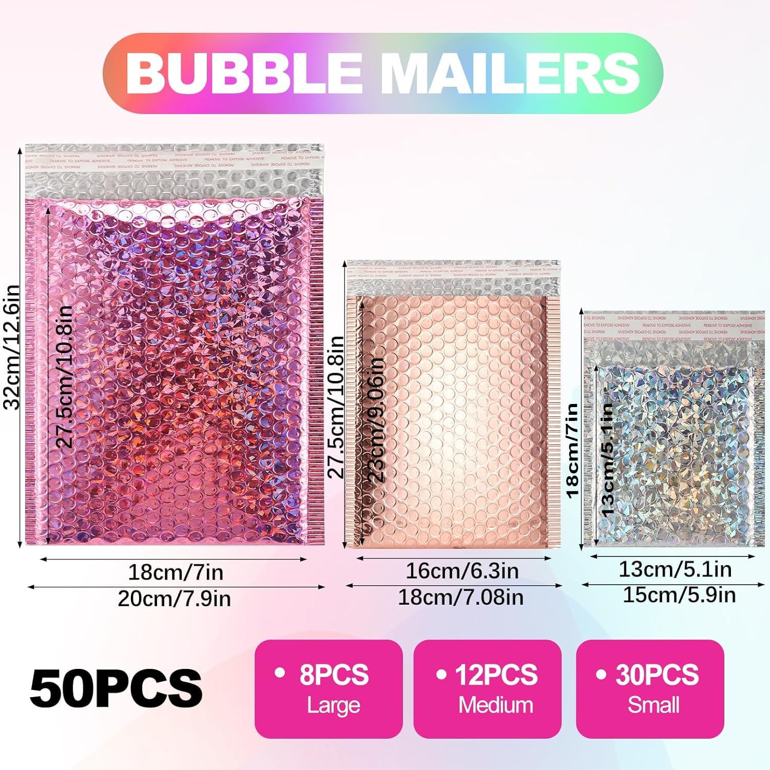 50 sobres metálicos de burbujas, sobres holográficos de burbujas, sobres acolchados de polietileno, sobres de envío autosellados, sobres acolchados impermeables para envíos, envíos por