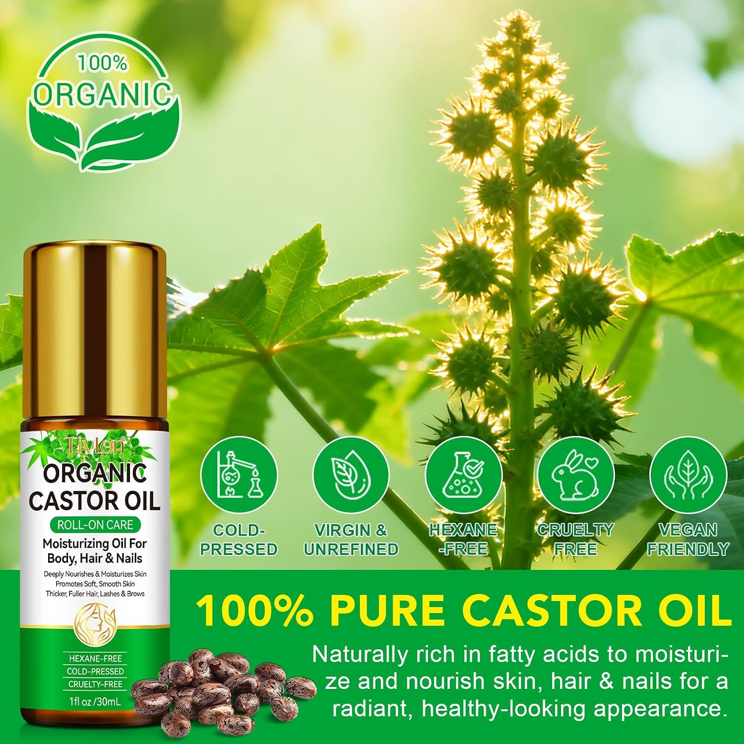 ISUNRISE Castor Oil Roll On for Belly, Face, Under Eyes, Body Skin and Hair - 100% Pure Hexane Free Cold Pressed Organic Castor Oil Roller, Easy Application and Absorb - 1fl.oz