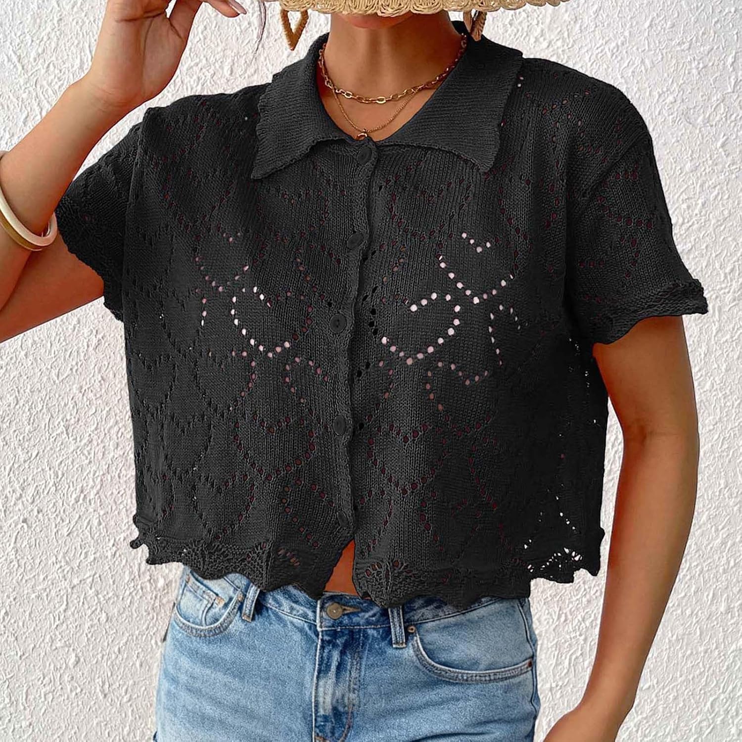 Women Crochet Knit Short Sleeve Tops Summer Lightweight Button Sweater Hollow Out Knitted Cropped Shirts