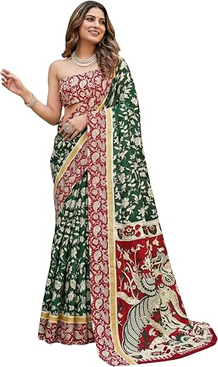 HMP Fashion Women's Mulmul Cotton Saree, Kalamkari Handblock Print, Ekat Design, 5.5 Metre with Blouse Piece