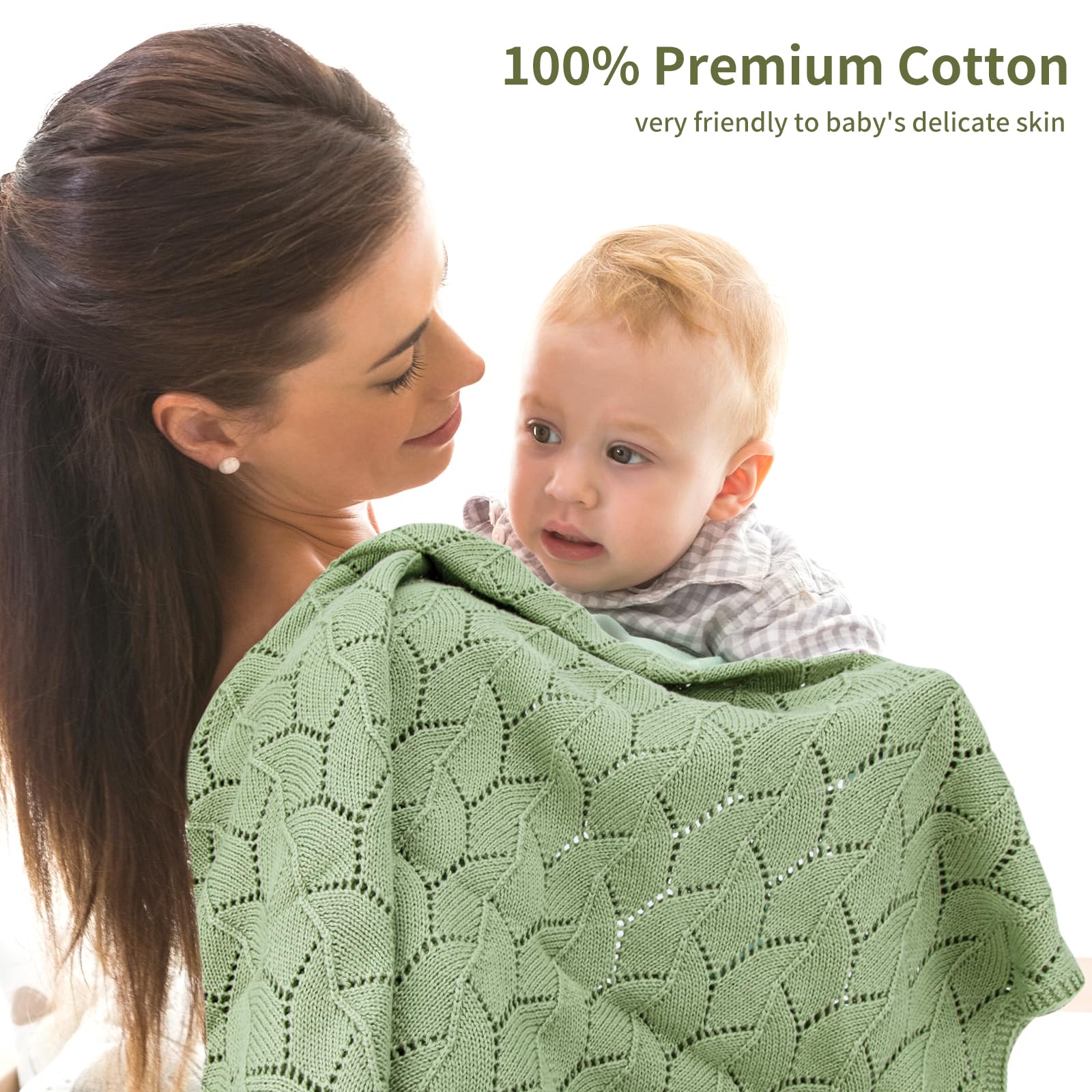 Loyfoky Cellular Blanket Baby 100% Cotton Soft Knit Blankets Breathable for Boy Girl Newborns Infant Swaddling Green 100x80cm - Image 2