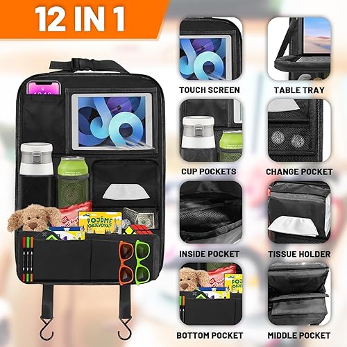 Miniatura 3 de Organizador de asiento trasero de automóvil con bandeja de mesa, organizador de almacenamiento de 12 bolsillos con soporte para tableta, organizador