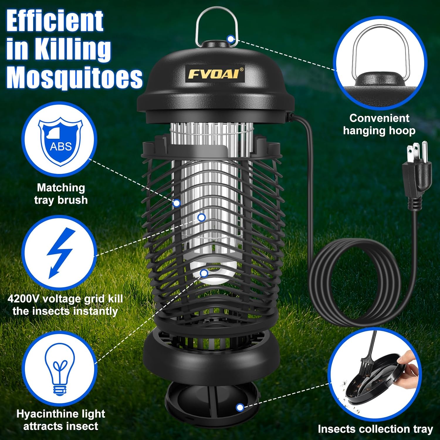 Bug Zapper Outdoor, Mosquito Zapper, Fly Zapper, Insect Zapper Electric Fly Traps for 1/2 Acre, Indoor Outdoor Use with 3 Prong Plug-in,4200V, ABS Plastic Outer, Black - Image 4