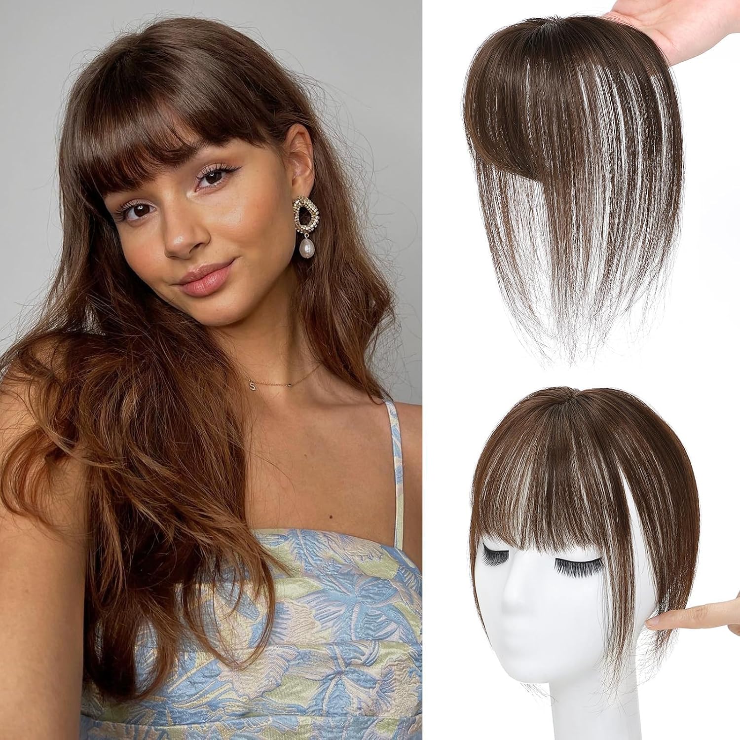 T-shape Base Hand Made Invisible Straight Topper 3D Air Bangs Clip in Hairpiece 10inch Human Hair Wiglet for Women Thin Hair (Dark brown,4x6cm)