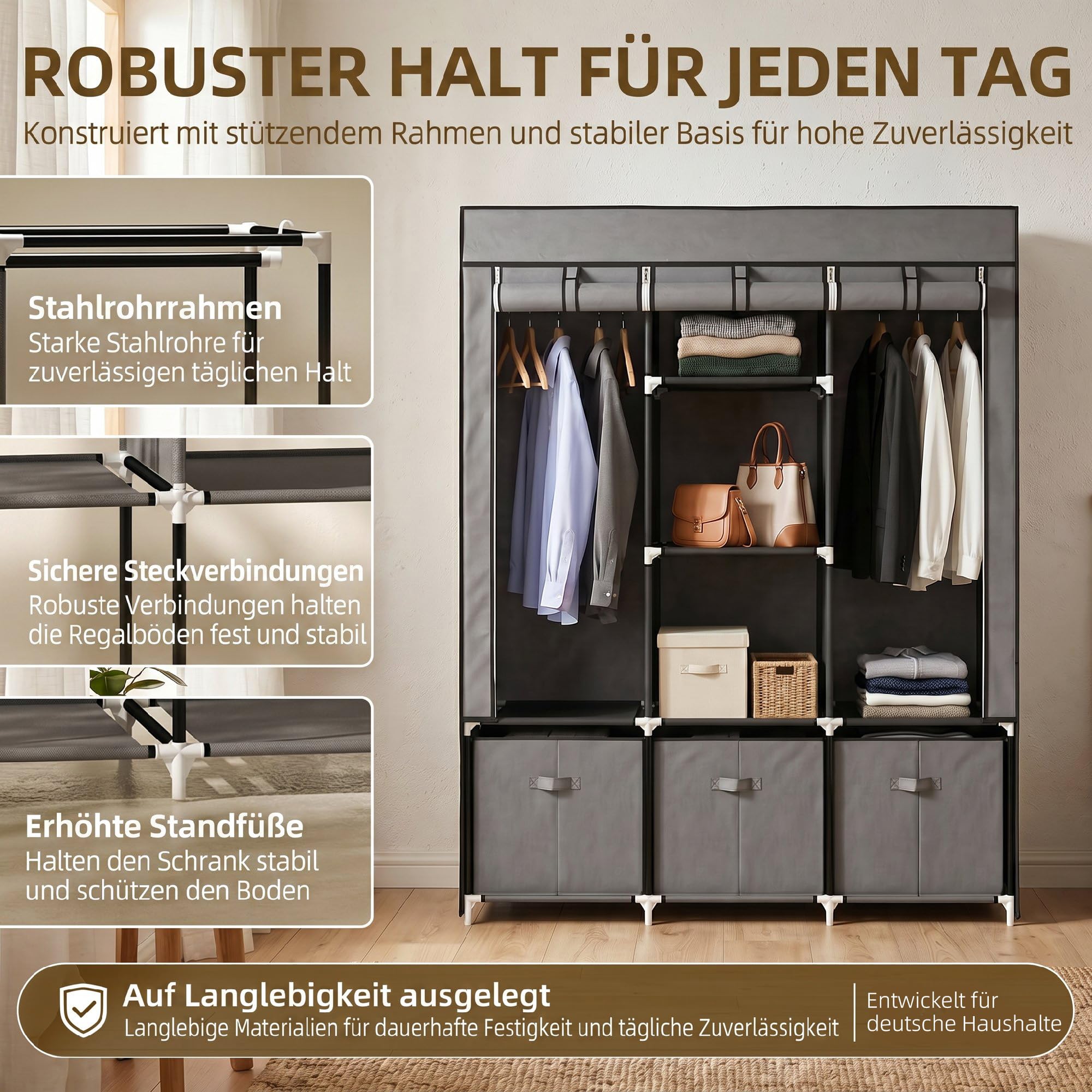 HOMCOM Kleiderschrank Stoffschrank mit Kleiderstange, Schubladen, Reißverschluss Faltschrank für Schlafzimmer, Ankleidezimmer, 125 x 43 x 162,5 cm, Dunkelgrau