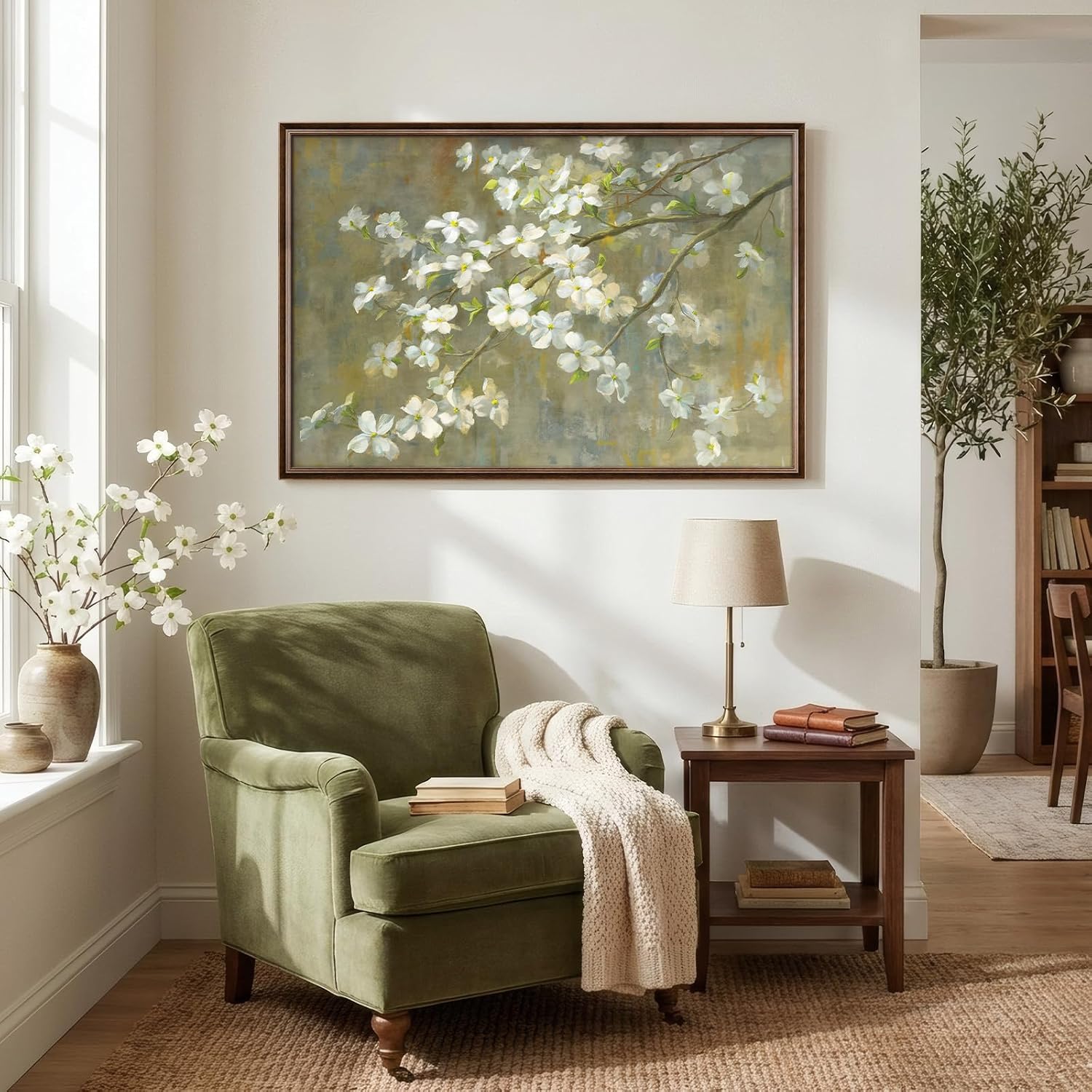 Framed Vintage Floral Wall Art, Green White Neutral Farmhouse Botanical Canvas Painting Prints Artwork for Walls, Rustic Retro Flower Picture for Living Room Bedroom Kitchen Hallway Wall Decor, 24x36