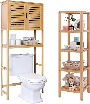 SMIBUY Bathroom Over The Toilet Storage Cabinet and Bathroom Storage Shelf, 2 Door Bamboo Cabinet Organizer and 5-Tier Bamboo Rack Organizer Natural