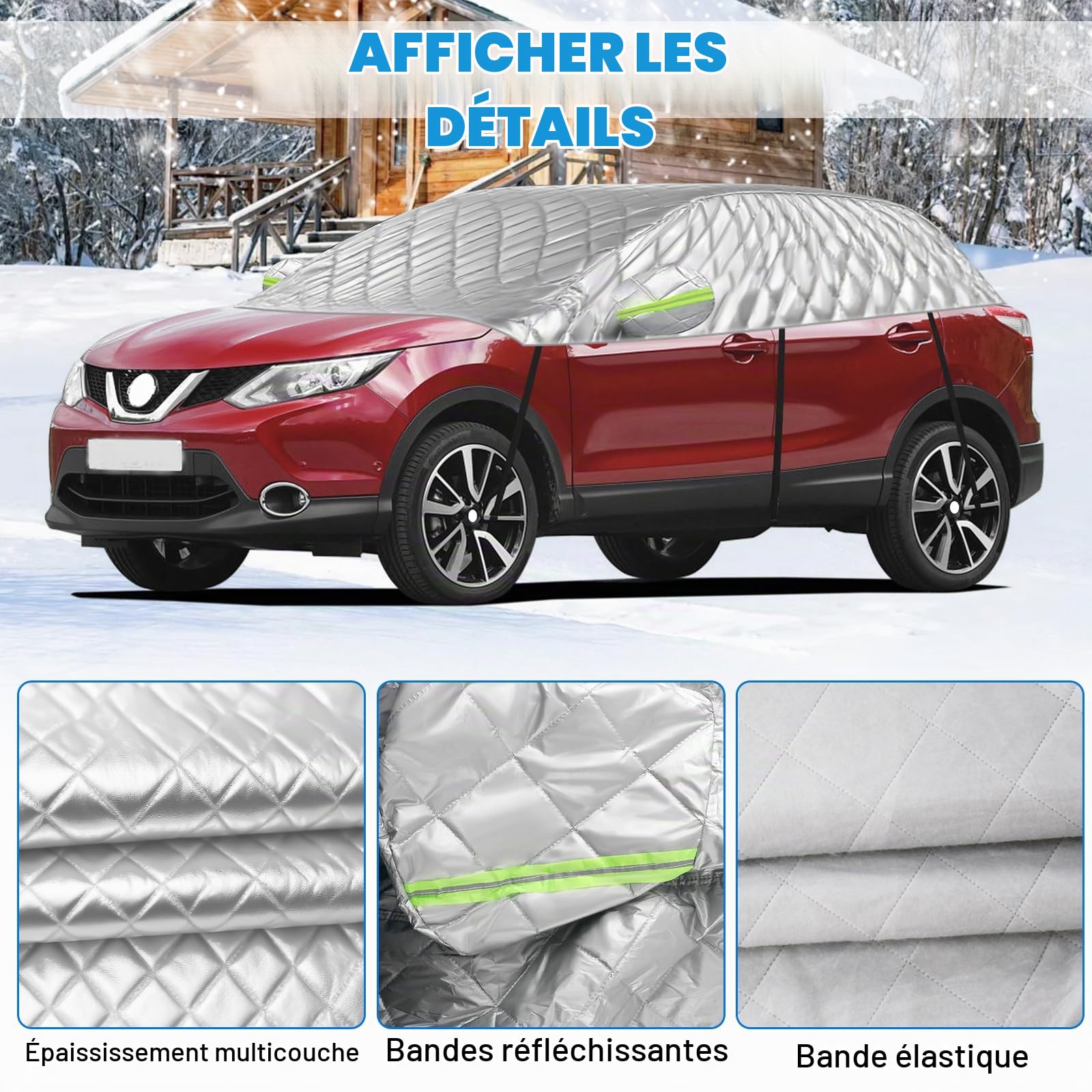 Demi Bâche Voiture Extérieur pour Nissan Qashqai 2013-2025, Demi Housse de Protection Anti-Neige Anti-Glace Mi-couvrante pour Automobiles | Demi bâche épaisse, protection contre le soleil, la pluie et la poussière, été, hiver, extérieur, intérieur