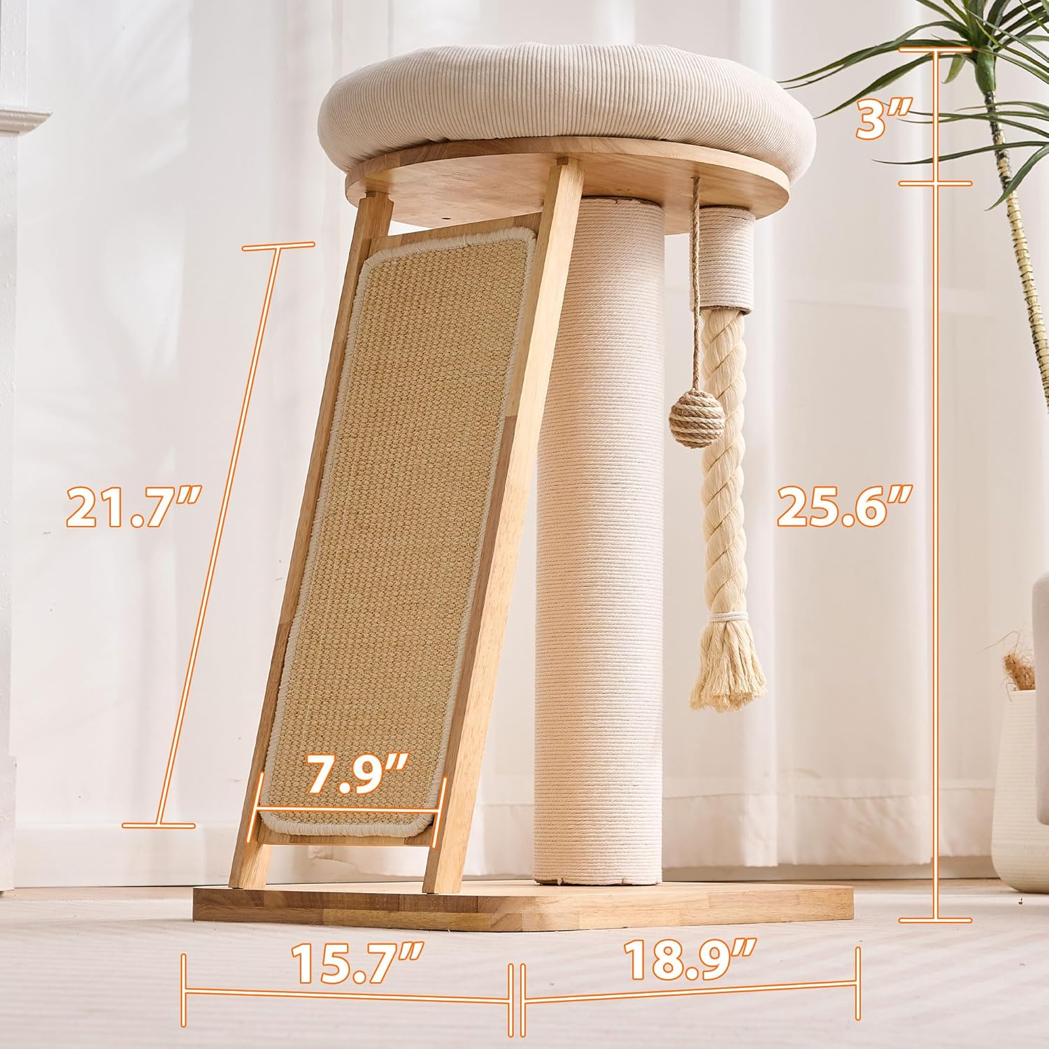 Modern Cat Tree Small Tower with Scratching Post for Indoor, Solid Wood Multifunctional Corner Cat Tree Tower with Bed, Dangling Ball,Interactive Rope, Scratching Board