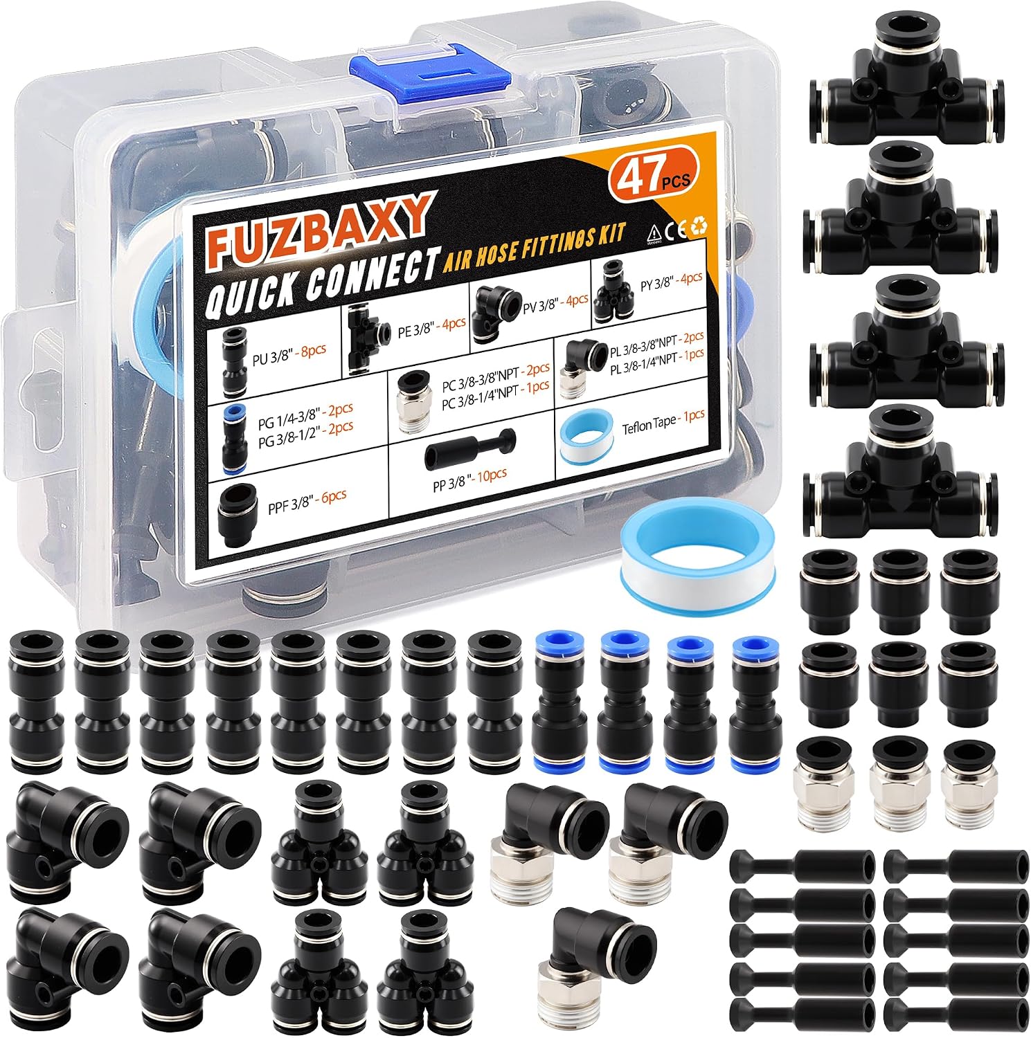 46PCS 3/8 Push to Connect Fitting, Air Hose Fittings Quick Connect Assortment Kit for Impact Wrench & Truck Tire Inflation, Unlock Full Power of Pneumatic Tools