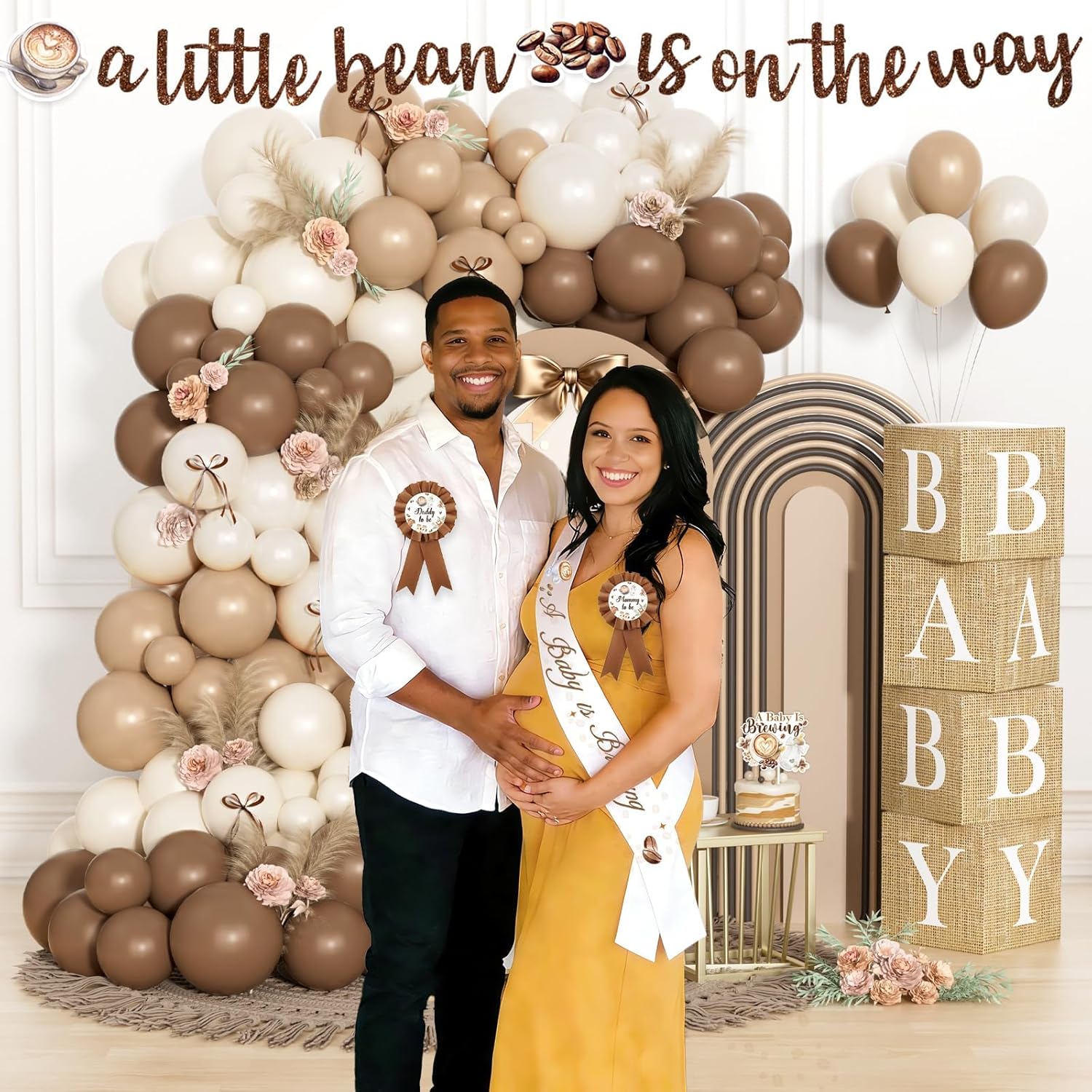 Coffee Baby Shower Party Decorations – 120 Pcs A Baby Is Brewing Party Supplies with Balloon Garland, Banner, Backdrop, Tablecloth, Cake & Cupcake Toppers, Boxes, Badges, Sash, Poster