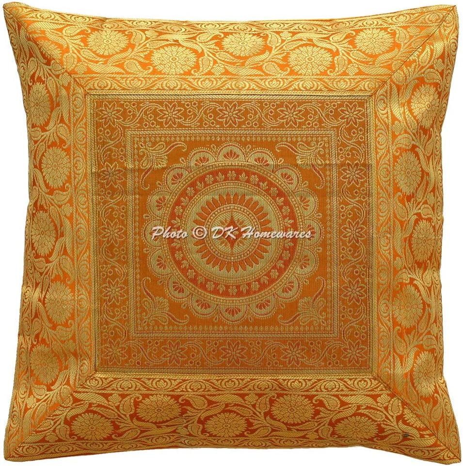 Indian Decorative Sofa Throw Pillowcases 16 x 16 Inch Brocade Jacquard Mandala Bohemian Square Cushion Covers (Size - 40x40 cm ; Color: Gold & Mustard Yellow) - Set of 4 Pcs
