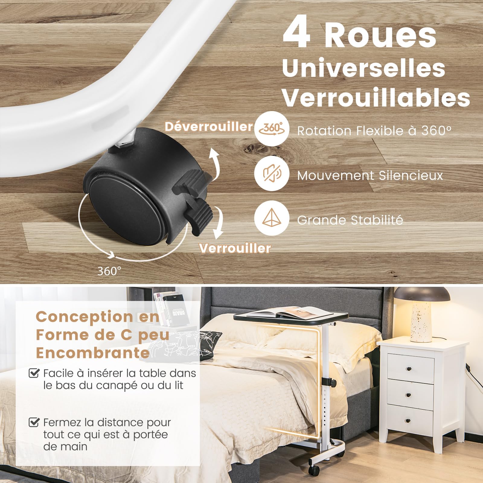 COSTWAY Table de Lit avec roulettes Verrouillables, Réglable en Hauteur, Rangement Pliable, Plateau Inclinable 180°, pour Lit Médicalisé, Charge 20kg